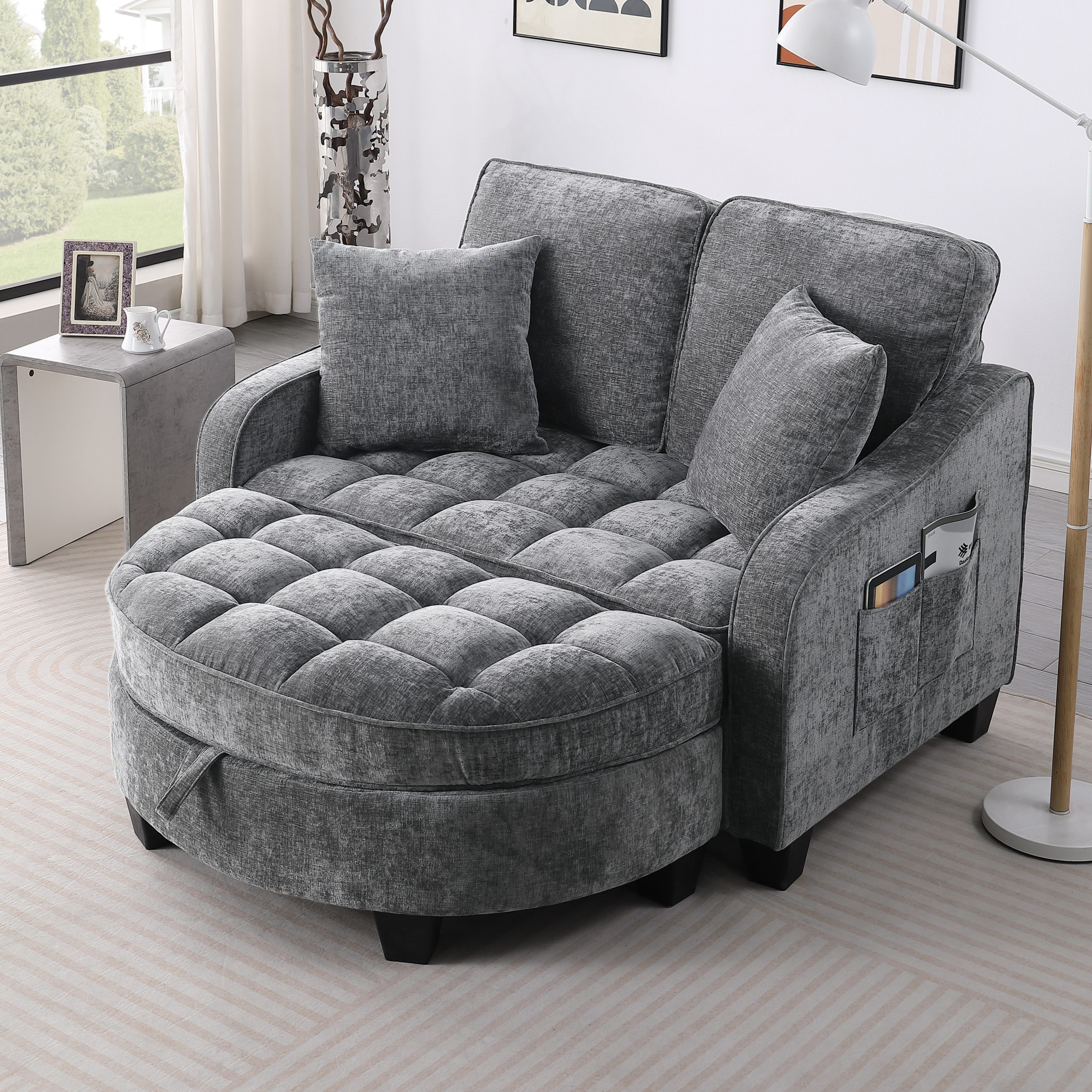Two-seater sofa, double sofa chaise longue, with irregular armrests and backrests, footrest with storage space, comes with two small throw pillows, suitable for living room and bedroom – Grey