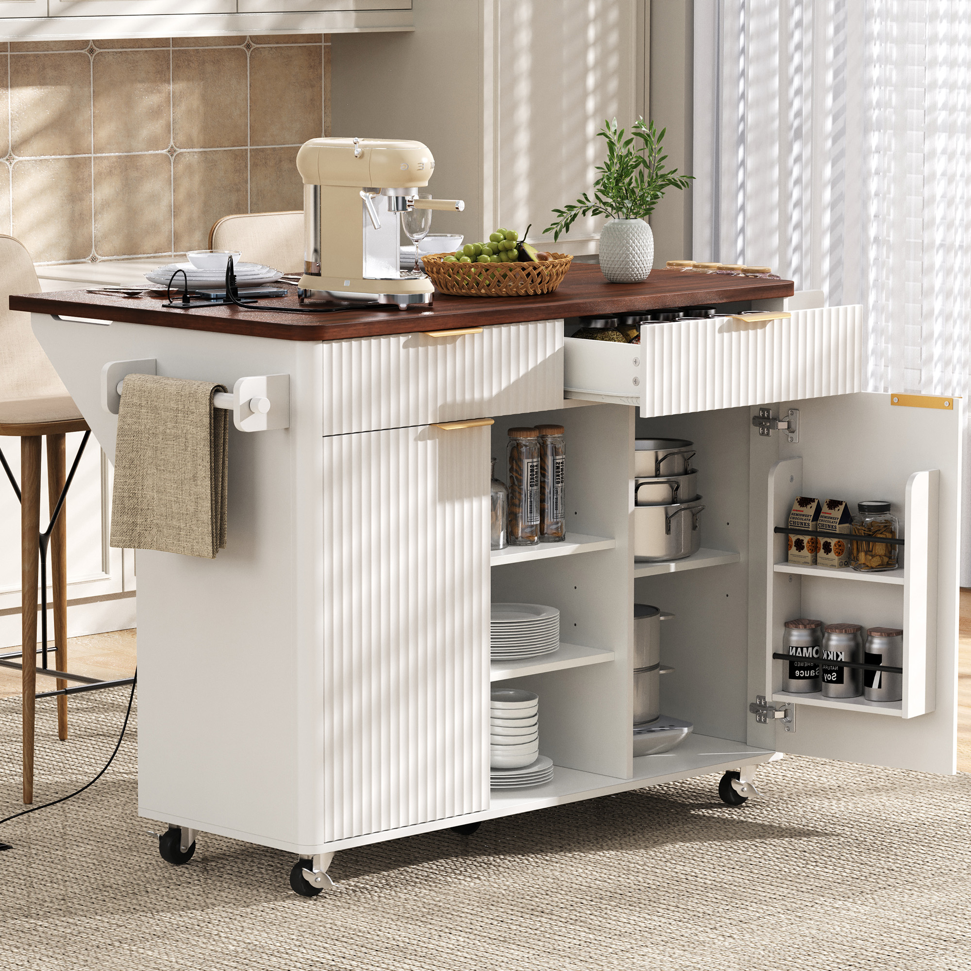 K&K 52″ Fluted Kitchen Island with Drop Leaf, Power Outlet,  Kitchen Storage Cart with Adjustable Shelves, 2 Doors and 2 Drawers, Rolling Island Table with Walnut Color Top for Kitchen, White