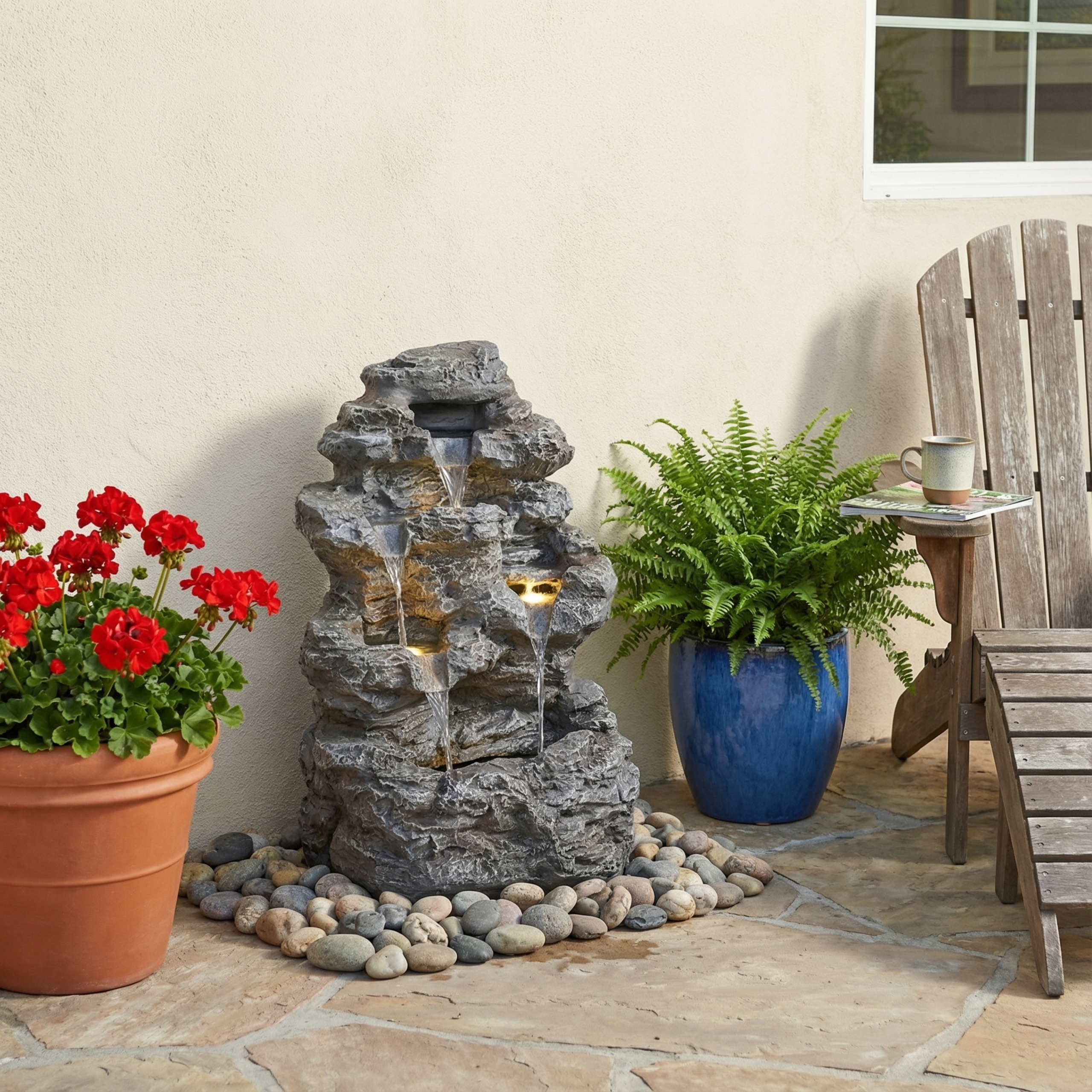 5-Tiered Concrete Tall Slim Fountain, 23.85″H –LED-Lit Column, Space-Saving Modern Outdoor Accent, All-Weather Resistant