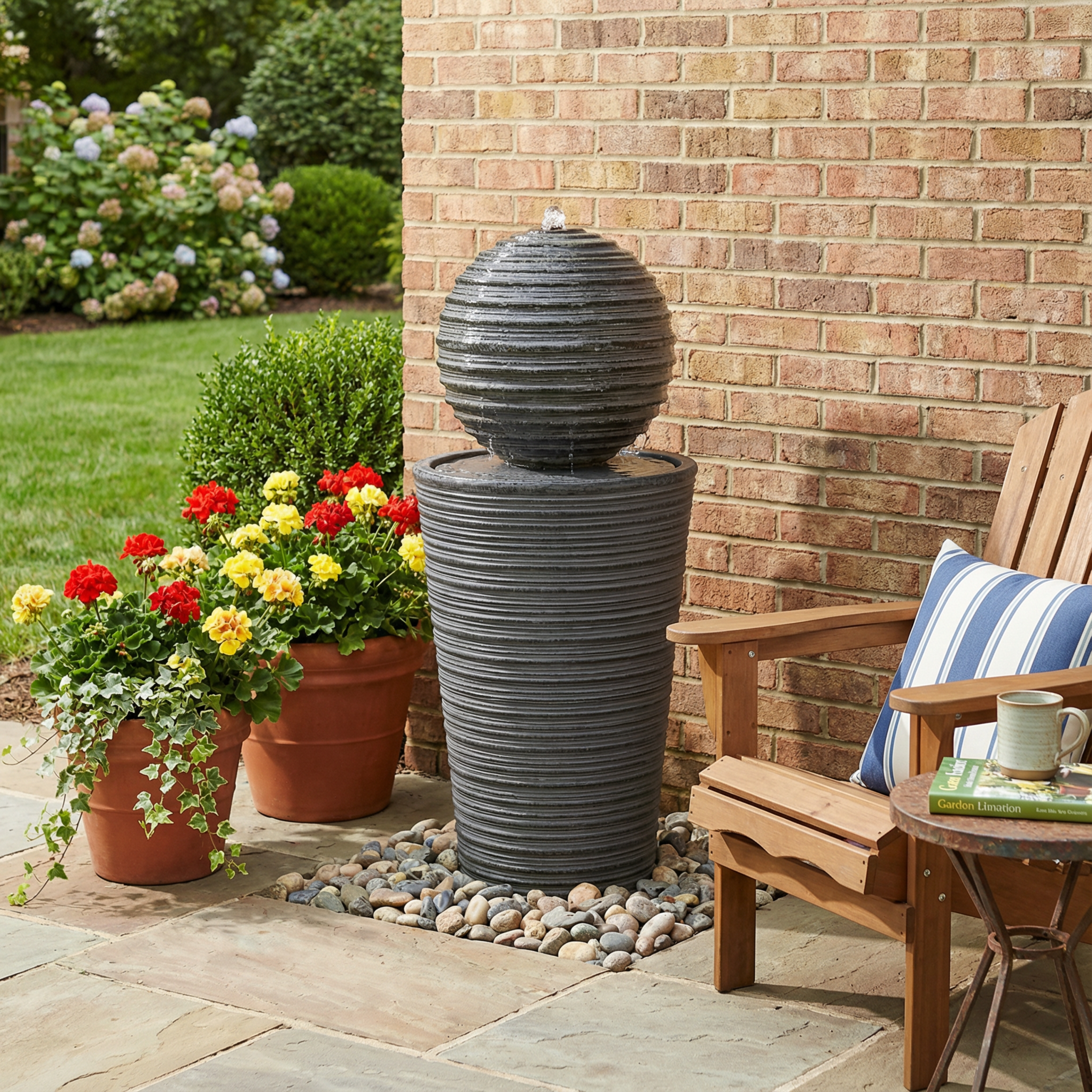 31.5″H Tall Striped Concrete Column Fountain-LED Light,Shadow Ambiance Maker for Modern Outdoor Spaces