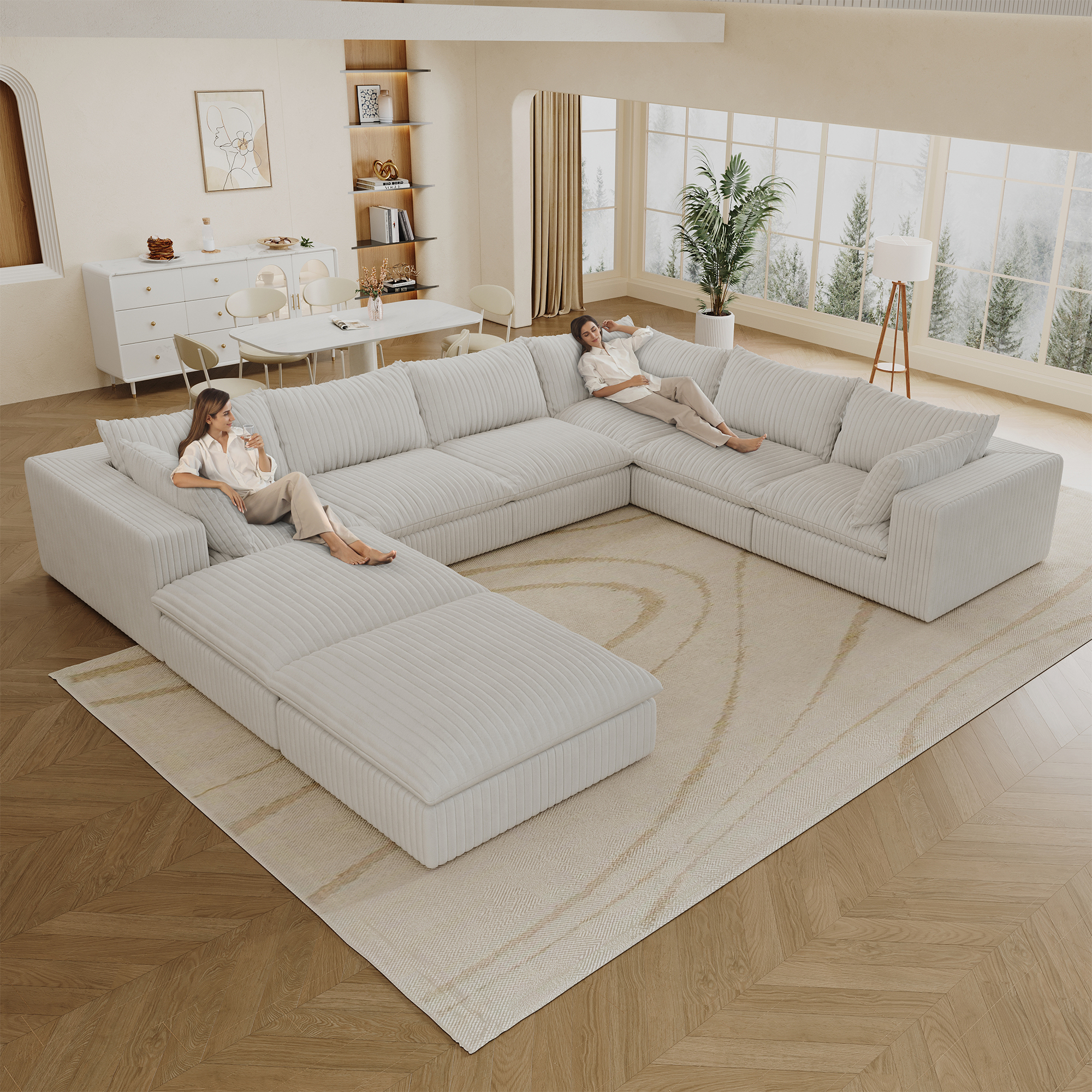 157.6″ Cloud Sofa,Corduroy Fabric,Deep Seat Couches,Double-layer design,Removable  Cushion,No Assembly, DIY Combination for Living room, Bedroom,Conference room ,Apartment,White