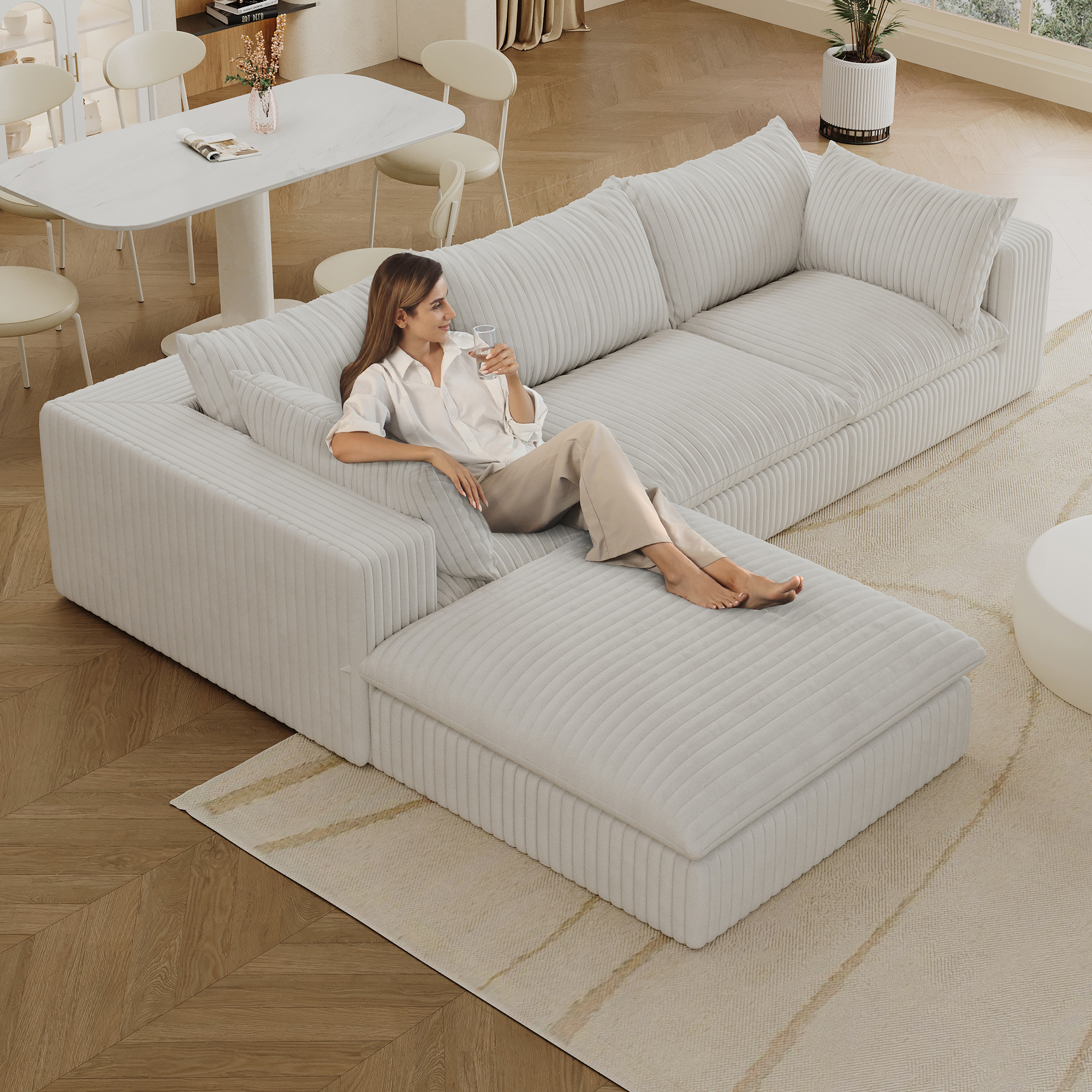 118.2″ Cloud Sofa,Corduroy Fabric,Deep Seat Couches,Double-layer design,Removable Cushion,No Assembly, DIY Combination for Living room, Bedroom,Conference room ,Apartment,White