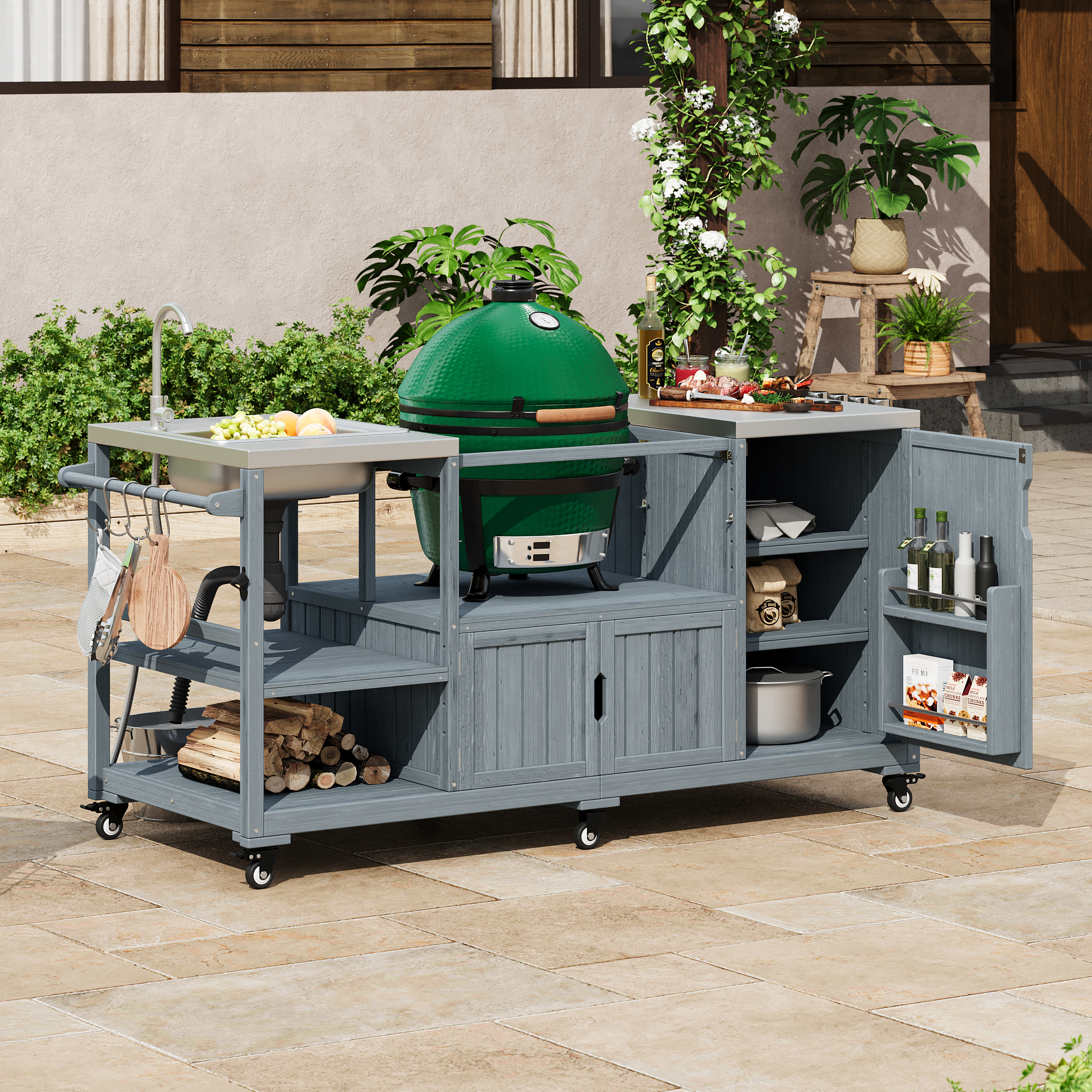 K&K 75.4″ Outdoor Kitchen Island with Sink, Solid Wood Outdoor Grill Cart for XL Green Egg Grills, Rolling Outdoor Bar Cart with Stainless Steel Top, for Pizza Prep & BBQ, Grey Blue