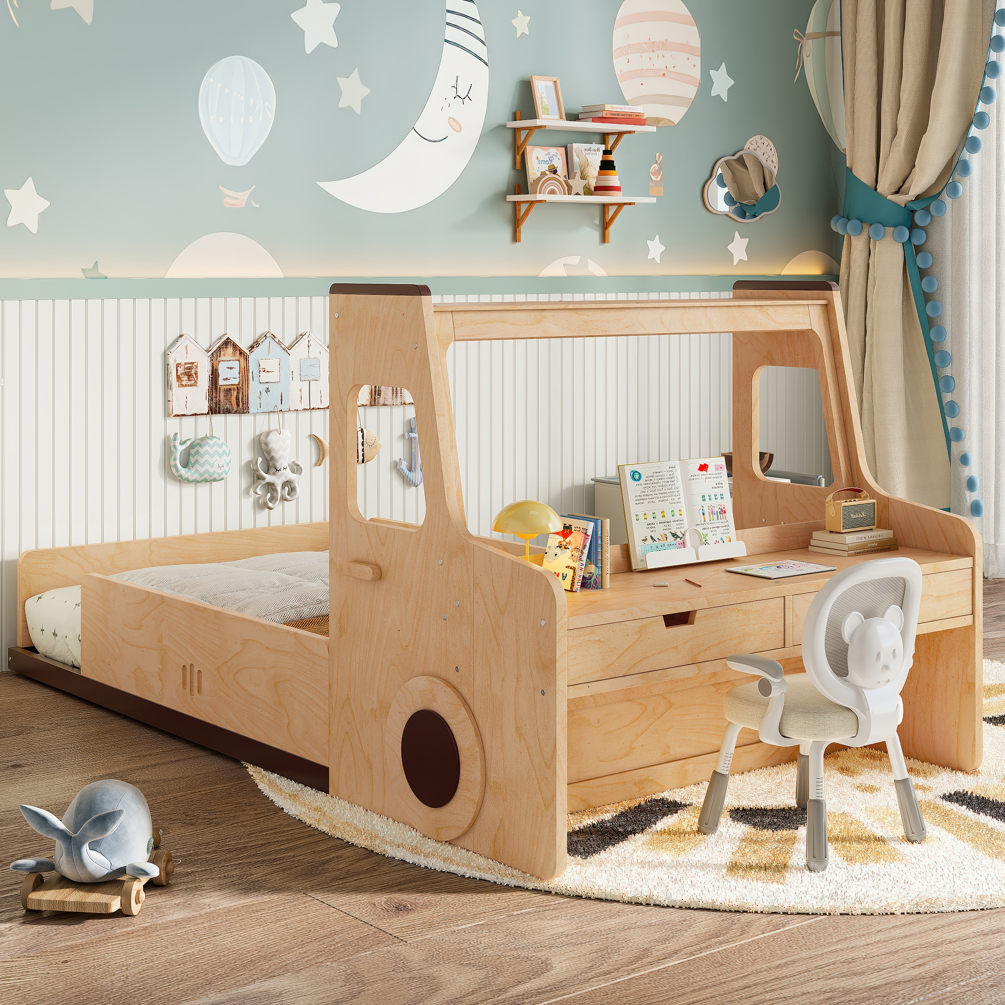 Twin Size Floor Bed with Interesting Car-shape Design, Kids Car Floor Bed with Storage Drawers, Window, and Desk, Childlike Design, Natural