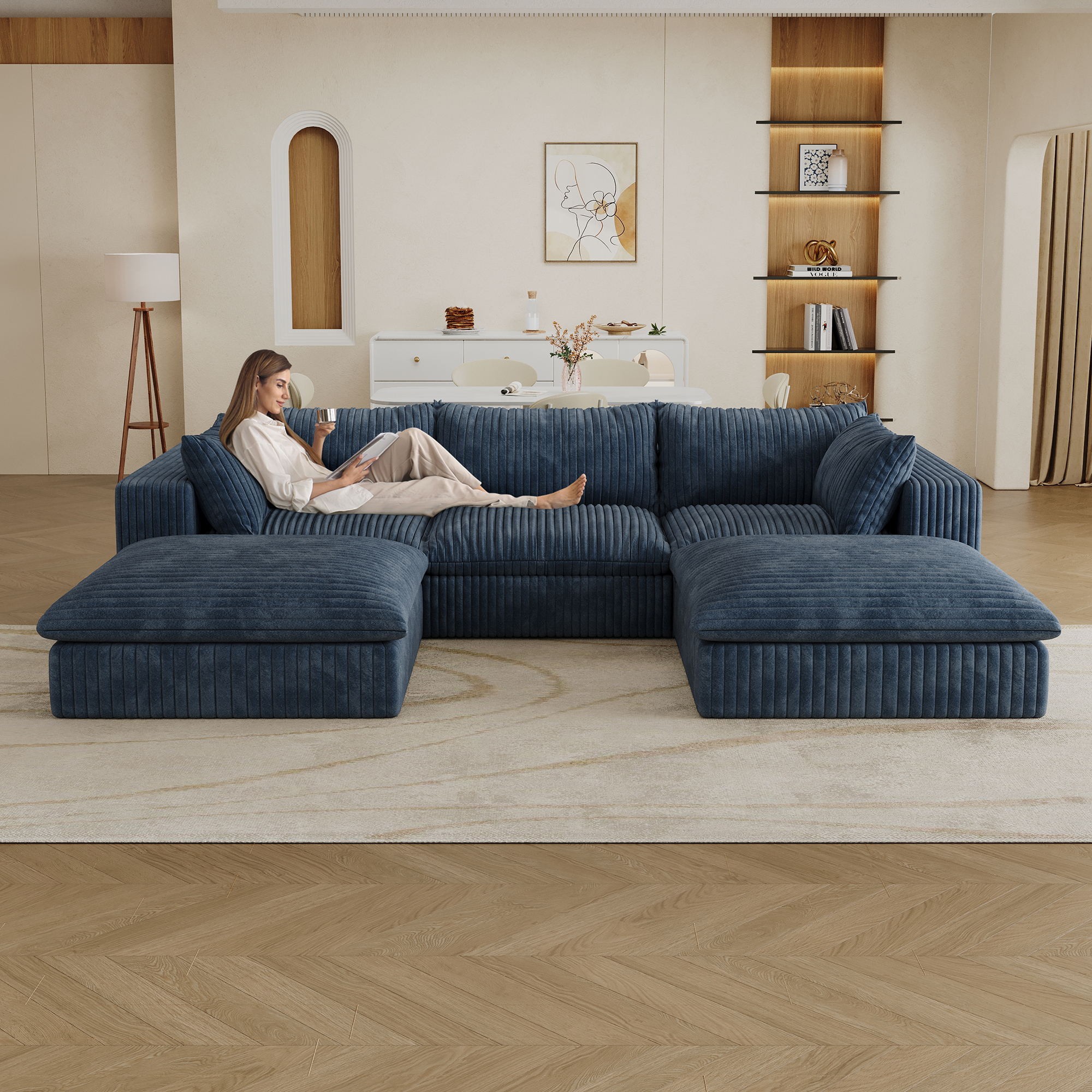 118.2″ Cloud Sofa,Corduroy Fabric,Deep Seat Couches,Double-layer design,Removable Cushion,No Assembly, DIY Combination for Living room, Bedroom,Conference room ,Apartment,Blue