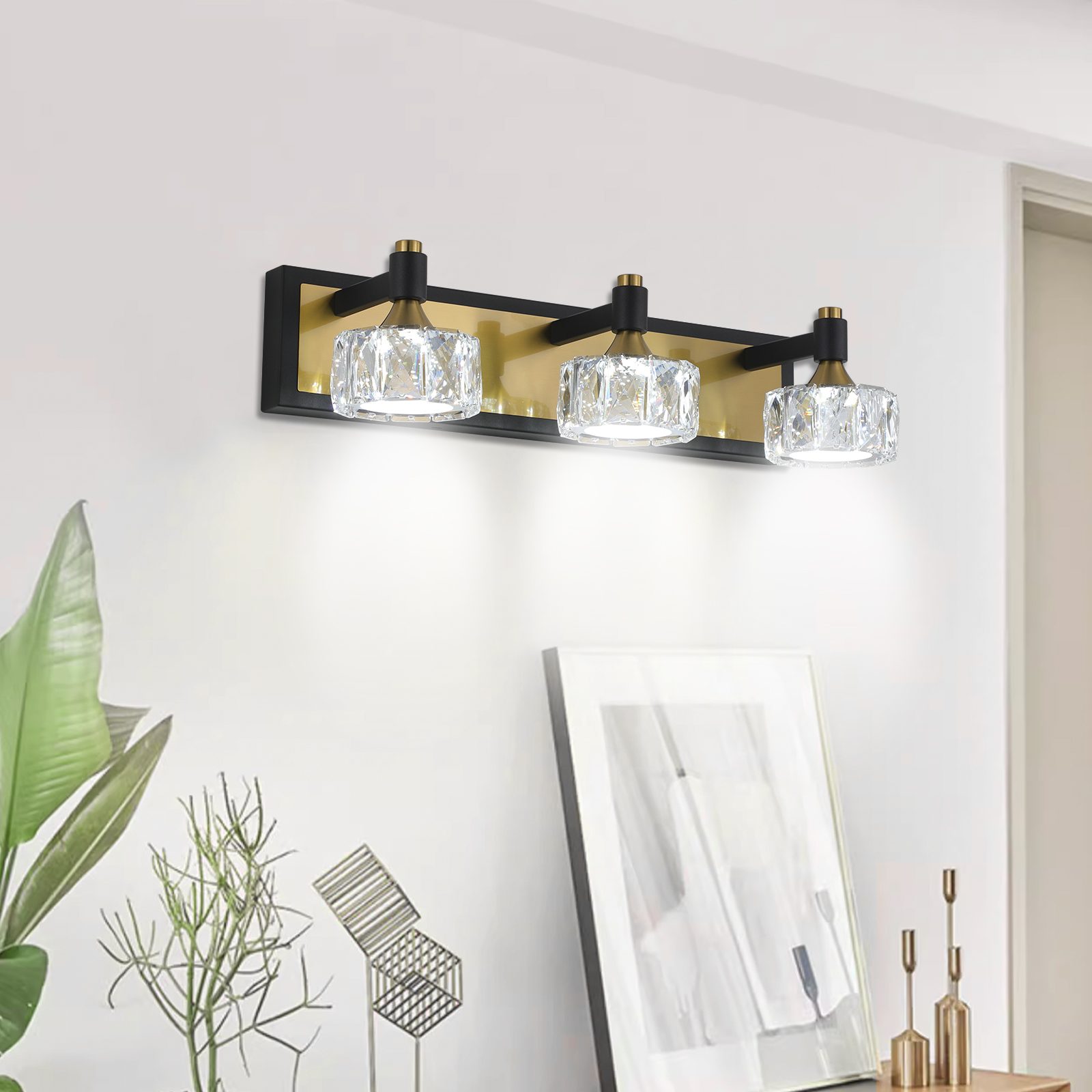 20″ Modern Crystal Vanity Light with Black and Gold Finish – 3-Light Bathroom Wall Sconce, Elegant and Stylish Fixture for Bathroom, Bedroom, or Hallway