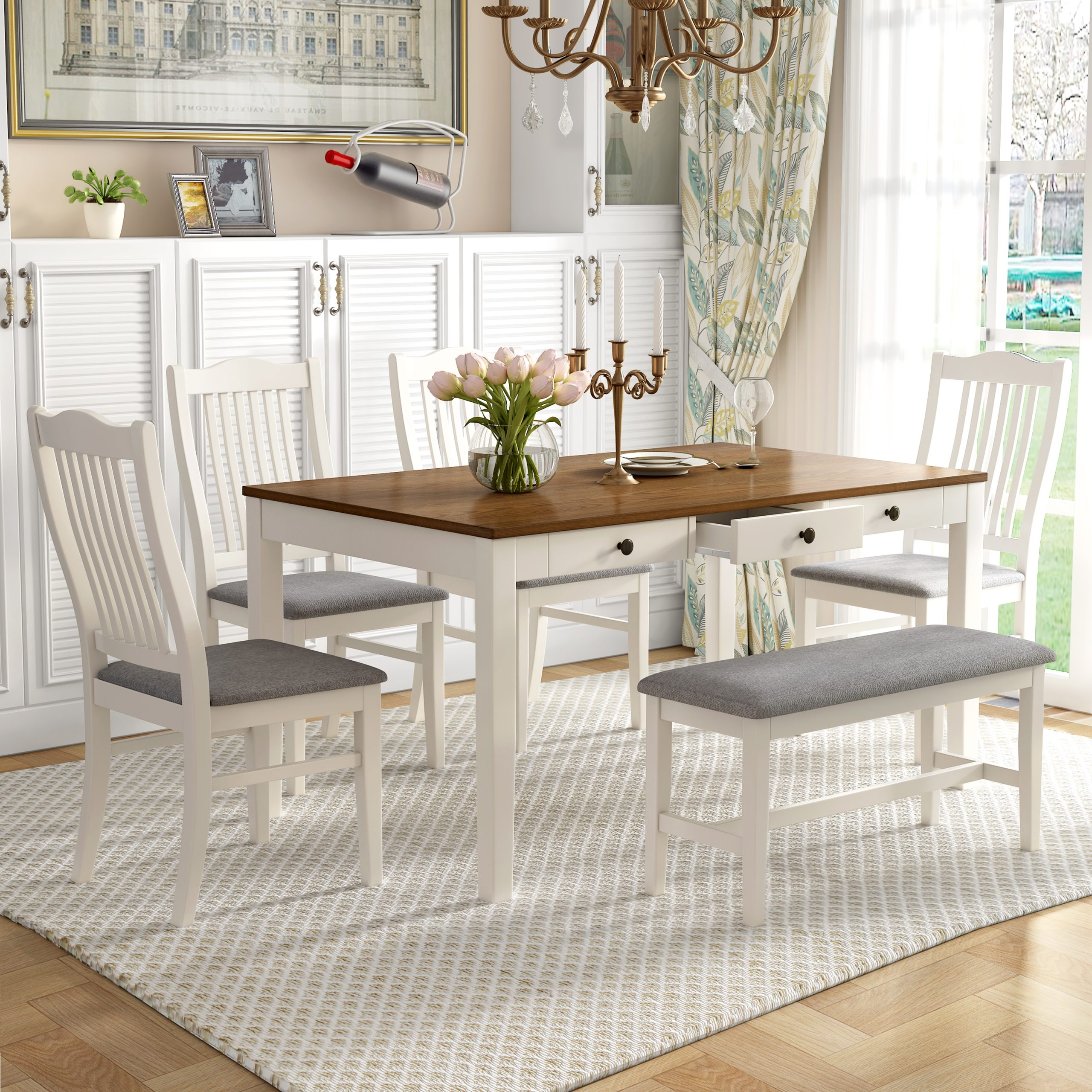 TOPMAX Mid-Century 6-Piece Wood Dining Table Set, Kitchen Table Set with Drawer, Upholstered Chairs and Bench, White(old sku:SP000006AAA)