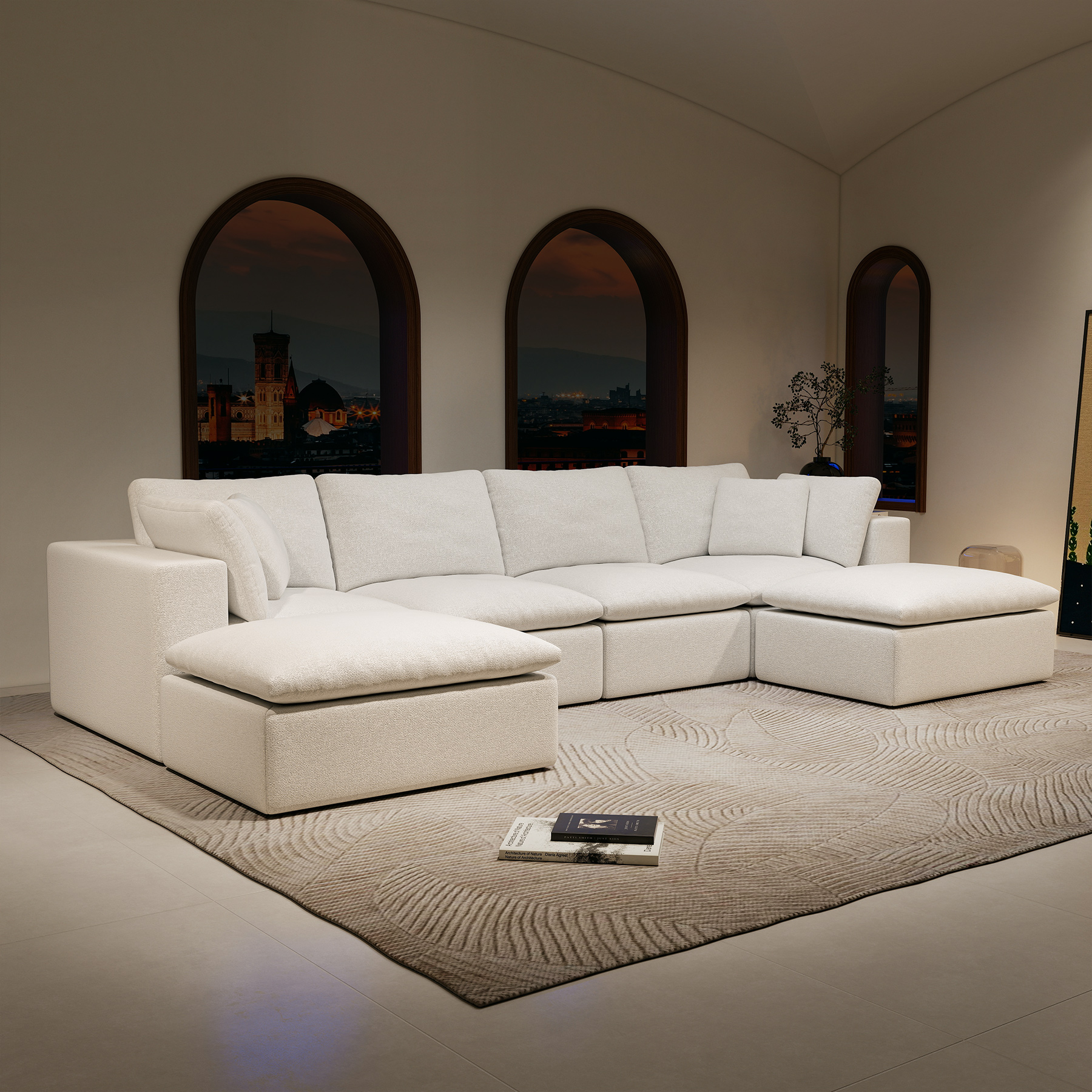 137.8*68.9″Modular sectional sofa seat,Upholstered compressed couch for living room,Bedroom,Apartment,No assembly required,5PC free combination,Plush corduroy fabric,WHITE
