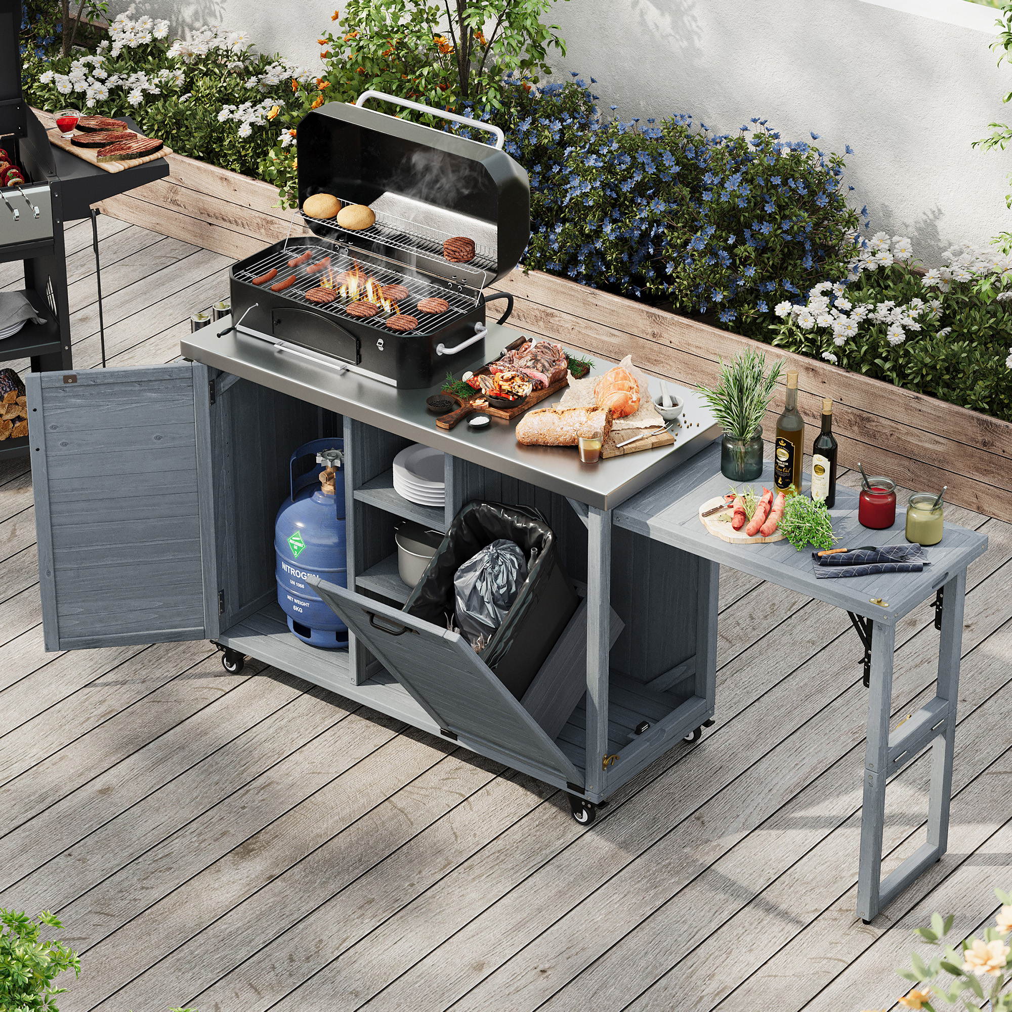 K&K 78.3″ Outdoor Kitchen Island with Foldable Grill Table, Wooden Outdoor Grill Cart with Trash Can Storage & Stainless Steel Top, Outdoor Bar Cart, Pizza Oven Table for Lawn & Garden, Grey Blue