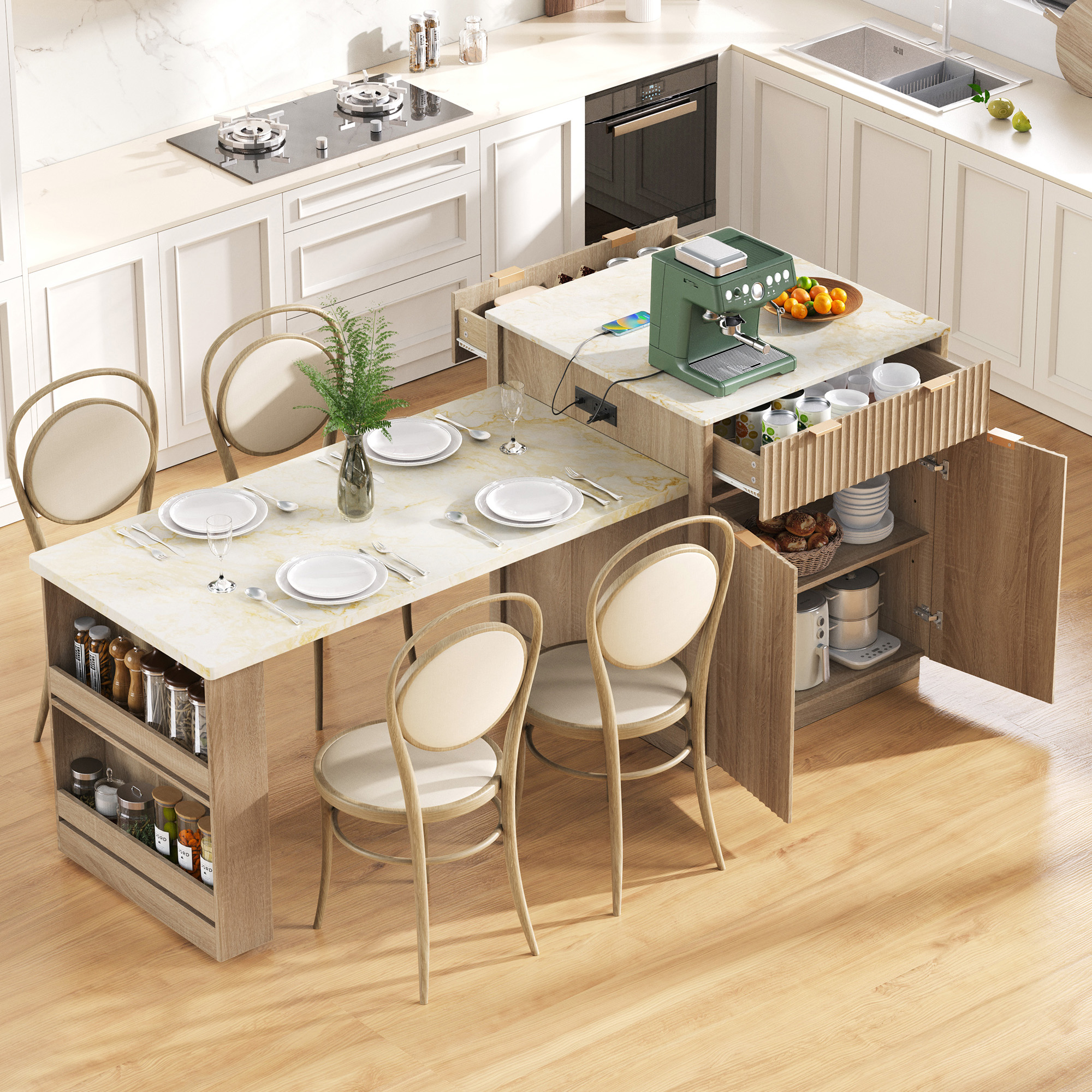 K&K 82.6″ Fluted Kitchen Island with Extendable Dining Table for 4-6, Island Table for Kitchen with Power Outlet, Kitchen Table with Double-Side Storage, 2 Drawers 2 Side Open Shelves, Natural