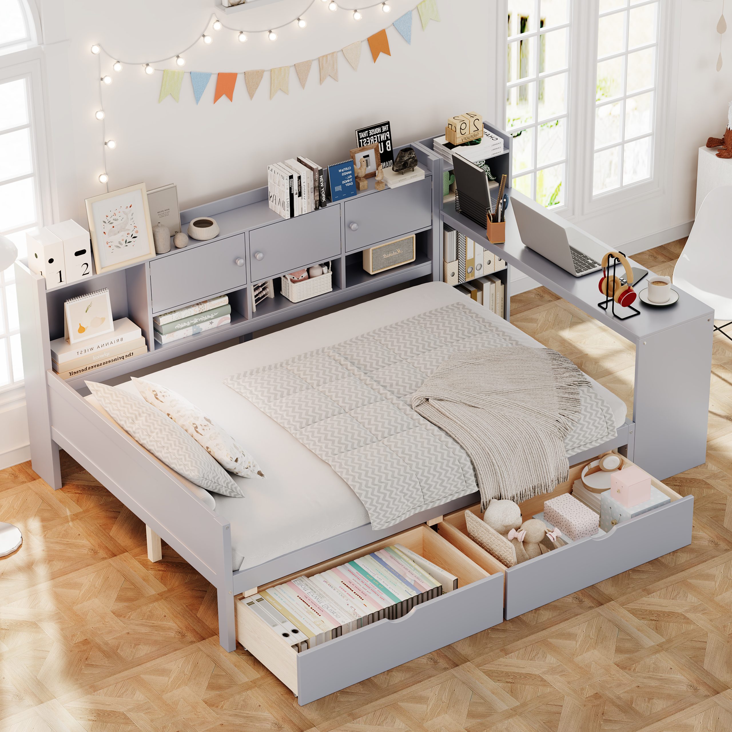 Full Size Daybed with Storage 3 Cabinets and 2 Drawers, Wooden L-Shape Daybed Frame with Study Desk and Built-in Bookshelf, Multi-functional Bed for Bedroom Guest Room,Gray(old SKU: N733S247077E)