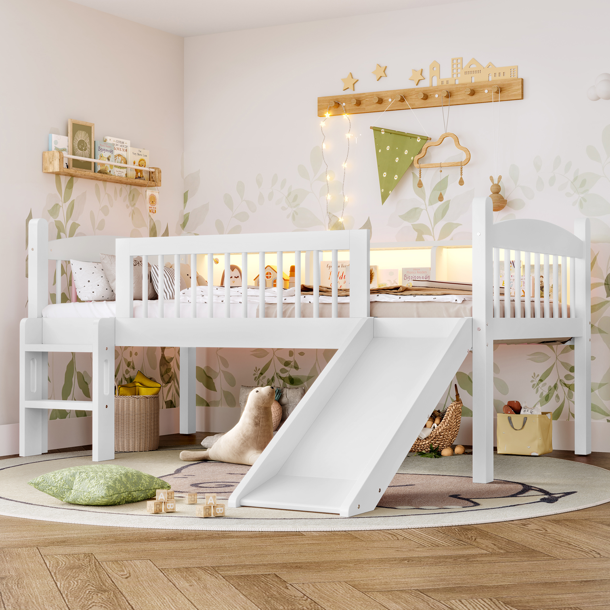 Twin XL Loft Bed with Storage Shelves, Solid Wood Lower Loft Bed with LED Lights and Full-length Guardrails, No Box Spring Needed, White