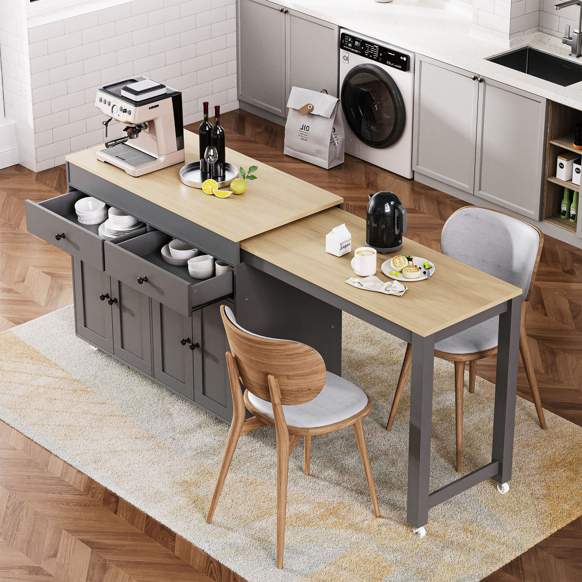 K&K 74.5 inch Kitchen Island with Extendable Dining Table , Rolling Kitchen Island on Wheels with Spice Rack and 2 Drawers, 4 Door Cabinet, for Kitchen, Dining Room, Grey (One Package)