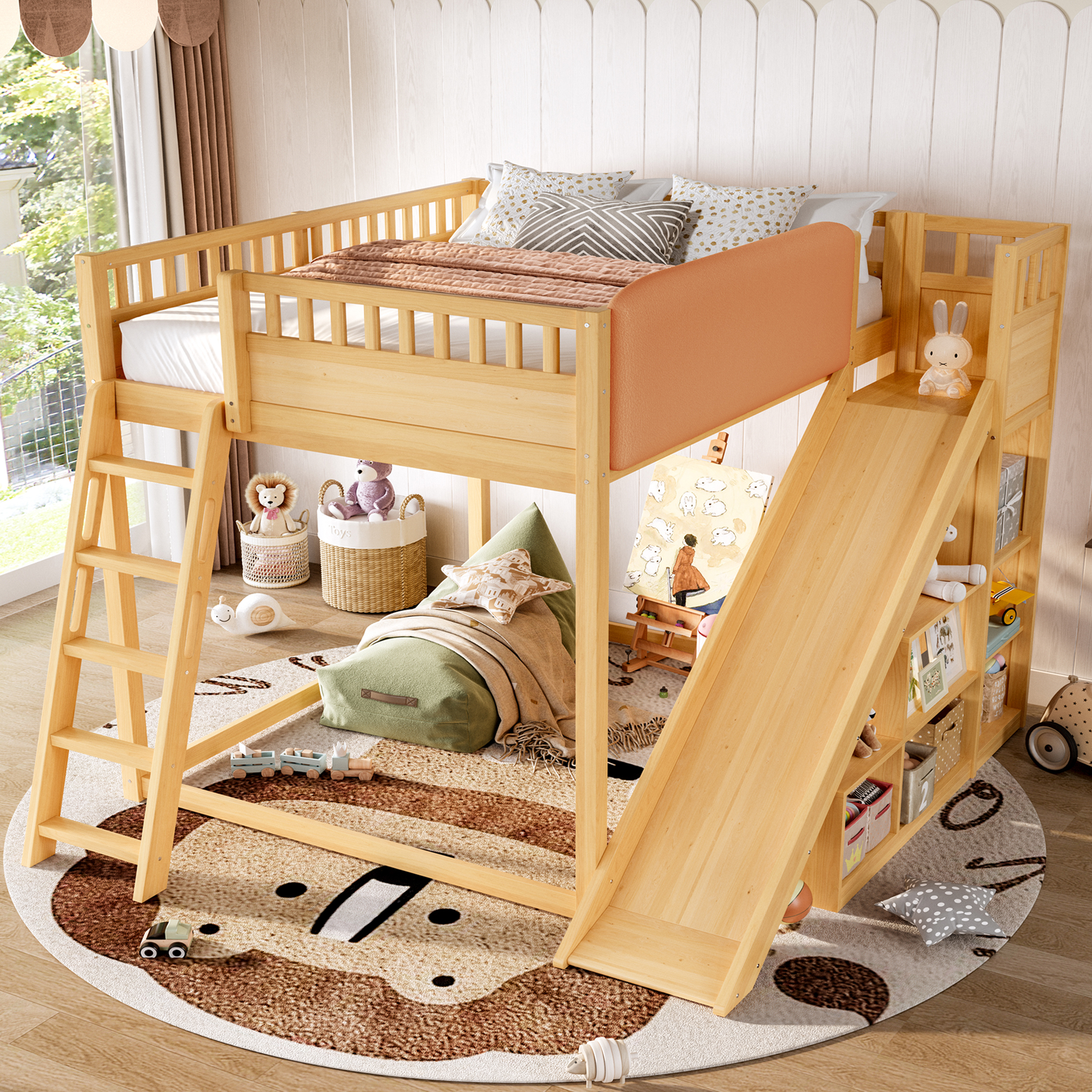 Full Size Loft Bed with upholstered headboard and storage shelves, complete with ladder and slide, Natural