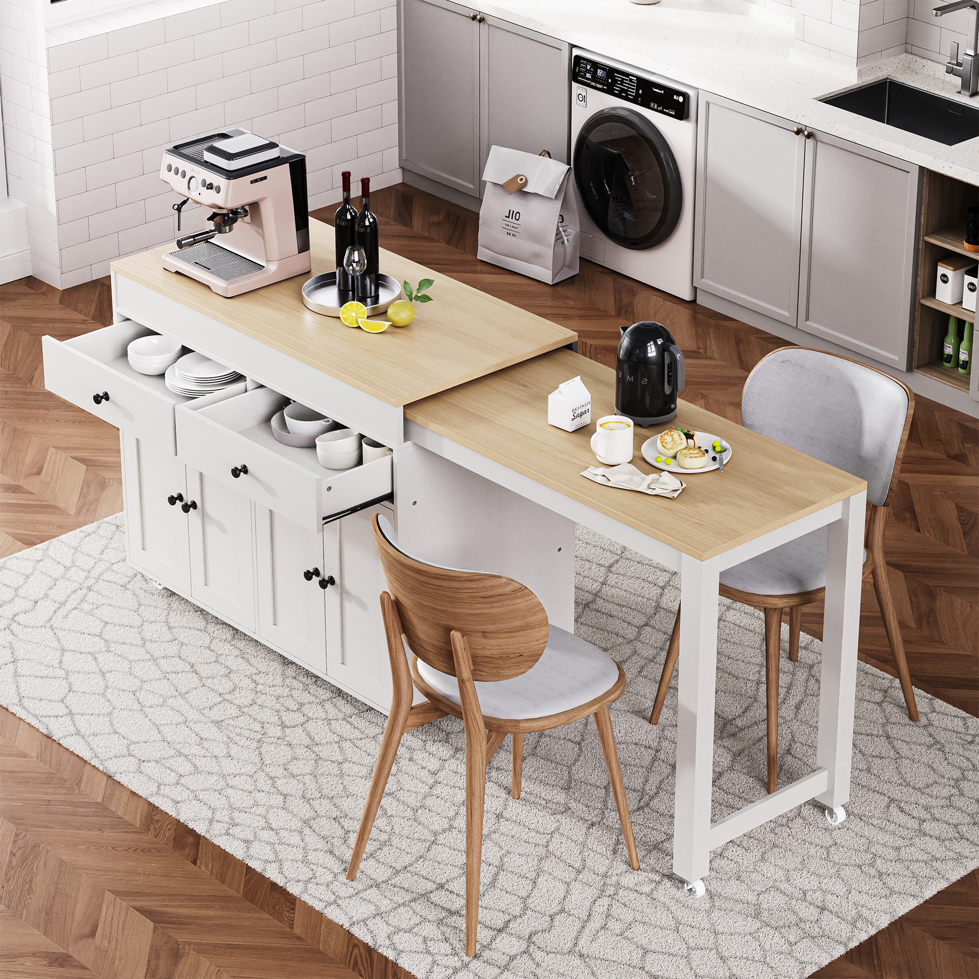 K&K 74.5 inch Kitchen Island with Extendable Dining Table , Rolling Kitchen Island on Wheels with Spice Rack and 2 Drawers,  Kitchen Storage Cart with 4 Door Cabinet, for Kitchen, Dining Room, White