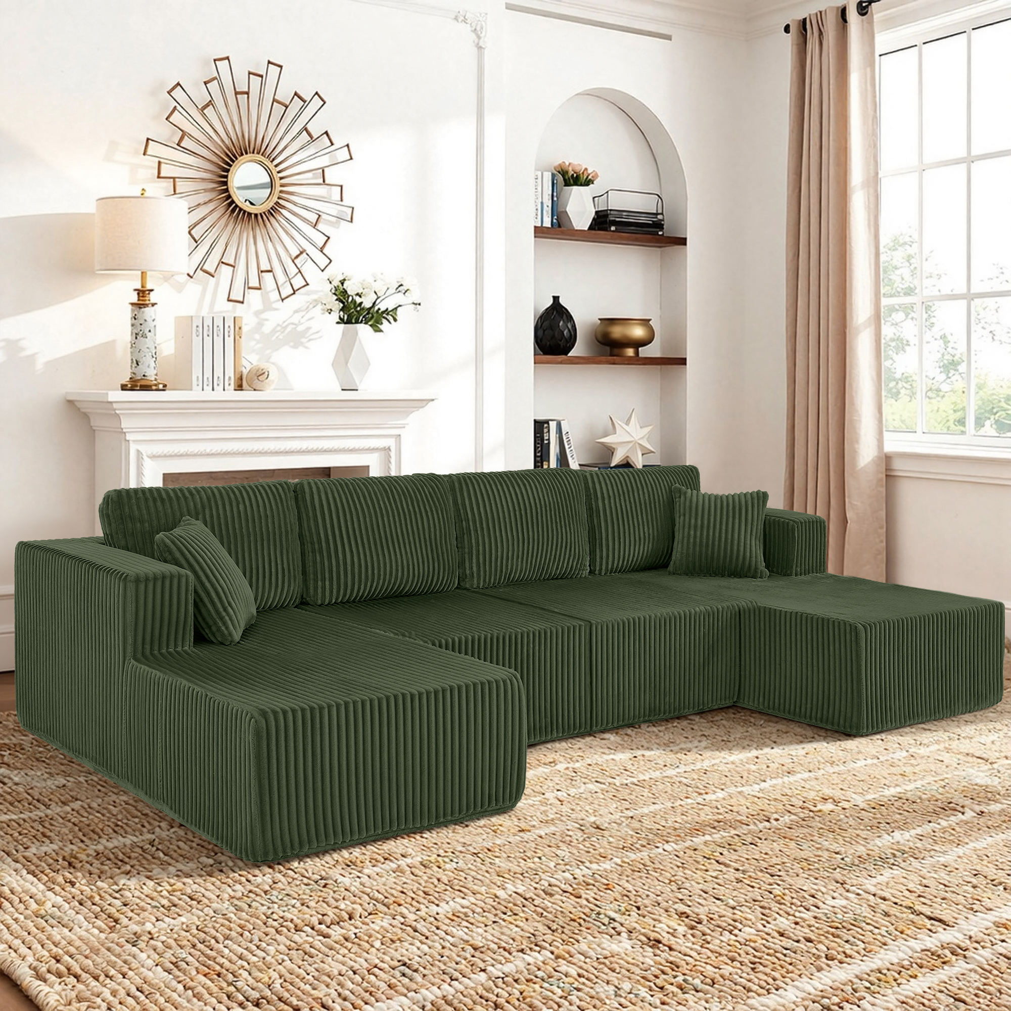 U-Shaped Modular Sectional Sofa [SIZE UPGRADED], Modern Minimalist Corduroy Compressed Sleeper Couch, Extra Spacious Design for Living Room/Bedroom, Comfy Space-Saving Sofa-Green