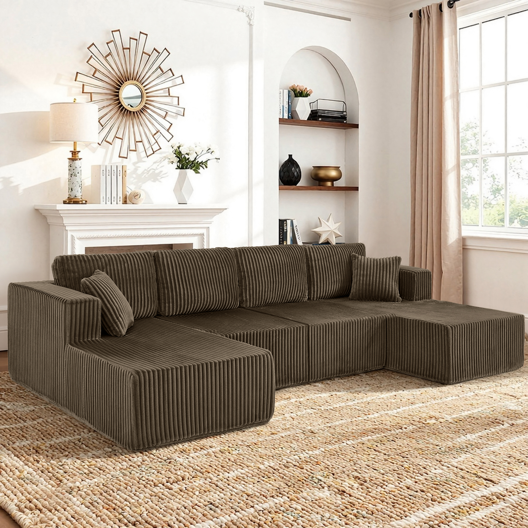 U-Shaped Modular Sectional Sofa [SIZE UPGRADED], Modern Minimalist Corduroy Compressed Sleeper Couch, Extra Spacious Design for Living Room/Bedroom, Comfy Space-Saving Sofa-Brown