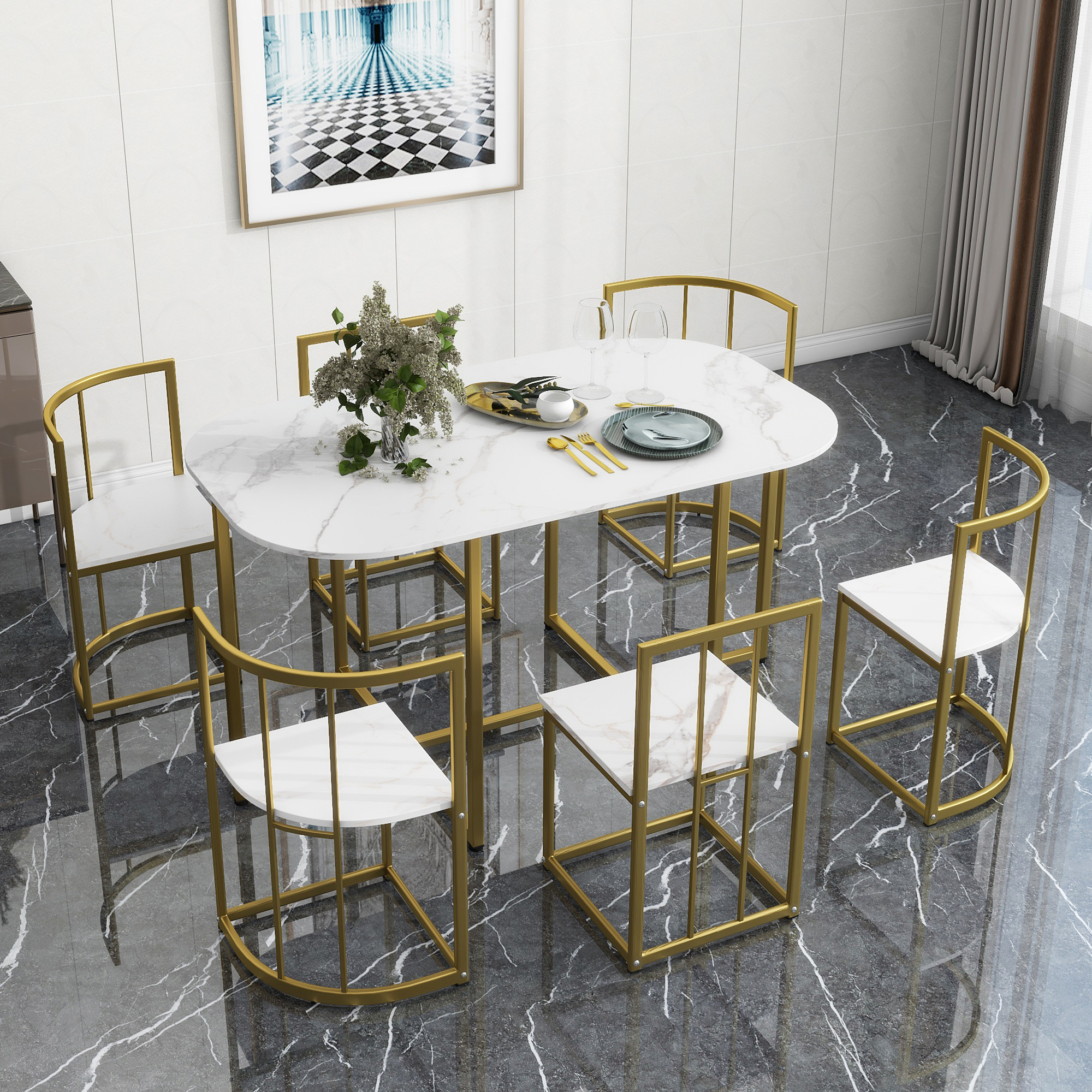 TOPMAX Modern 7-Piece Dining Table Set with Faux Marble Compact 55Inch Kitchen Table Set for 6, Golden+White(OLD SKU:SP000017)