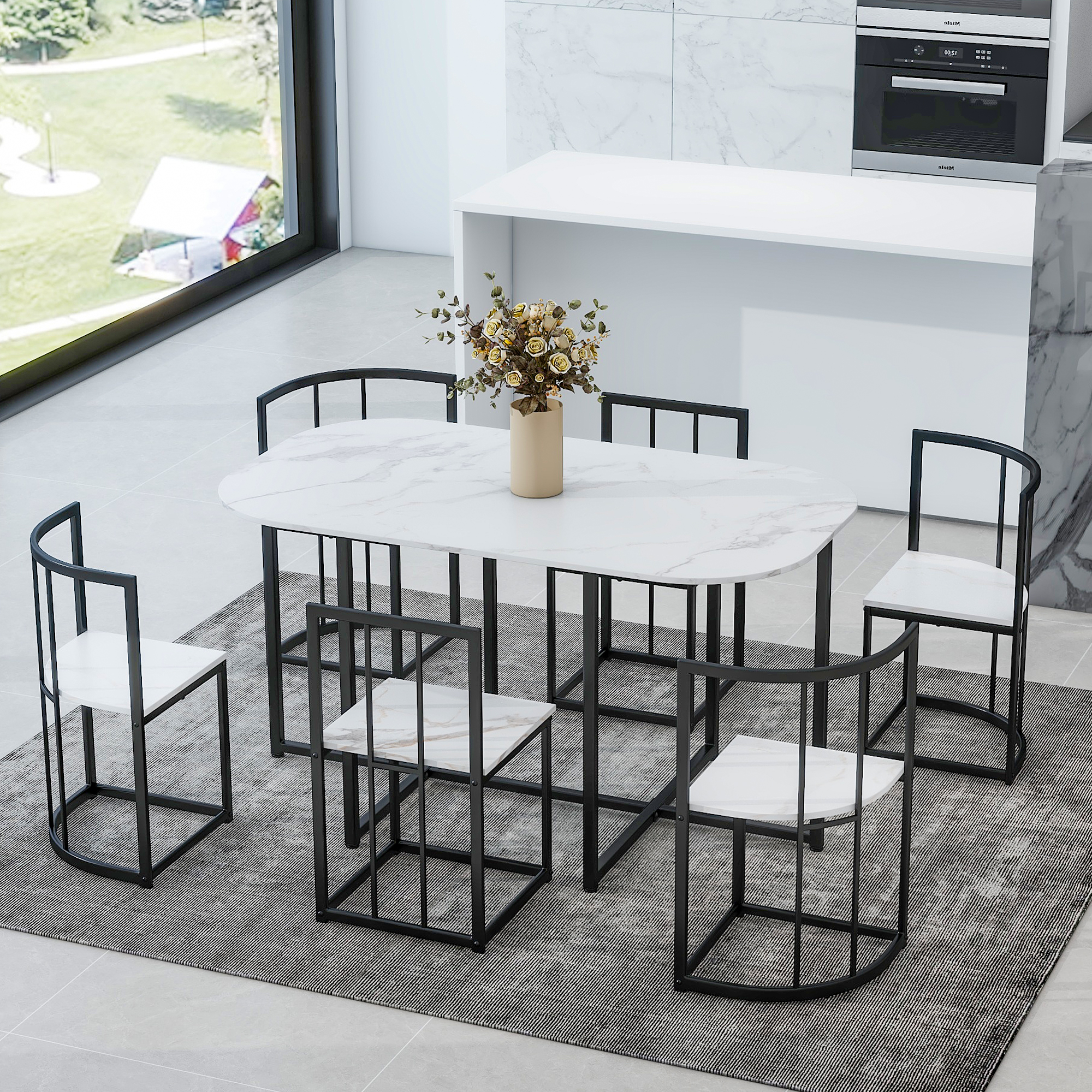 TOPMAX Modern 7-Piece Dining Table Set with Faux Marble Compact 55Inch Kitchen Table Set for 6, Black+White(OLD SKU:SP000017)
