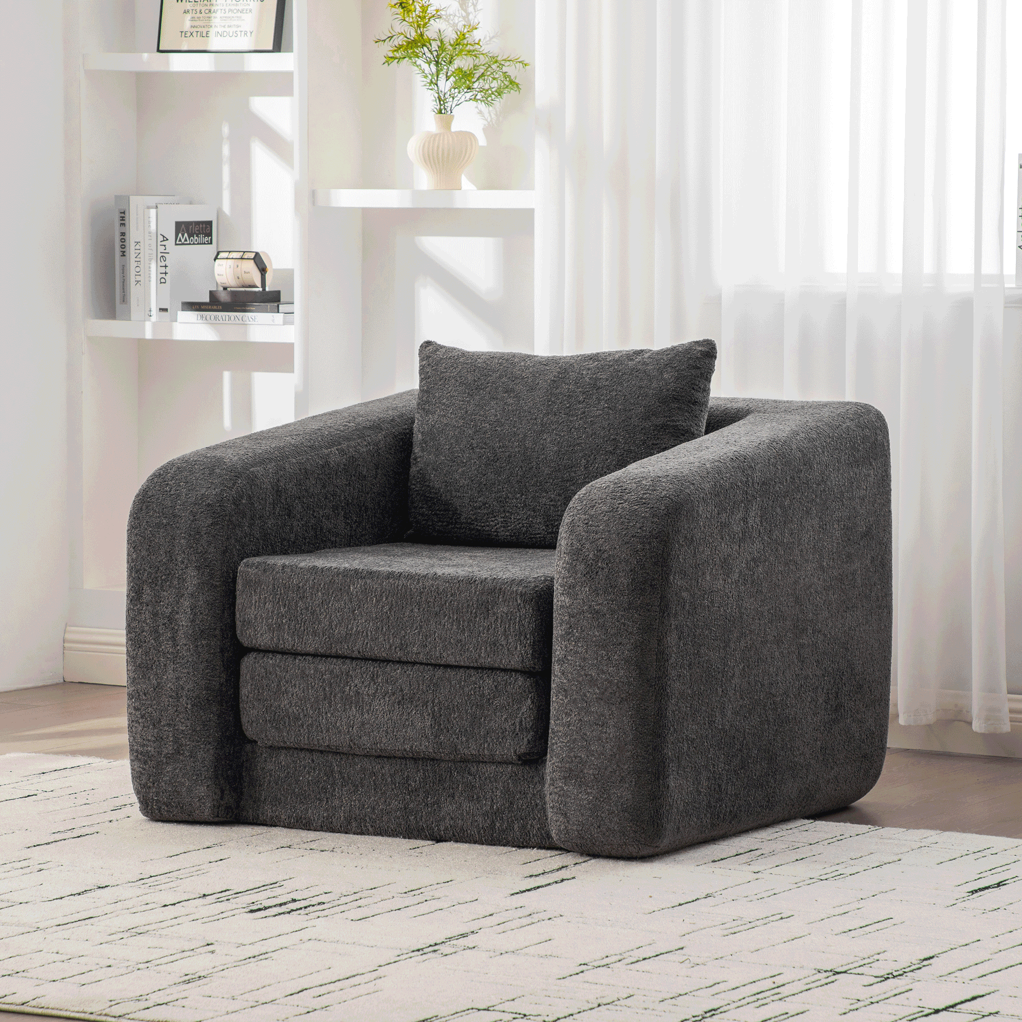 40″ Foldable Single Sofa Bed with Armrest & Backrest, Convertible Chenille Boneless Cloud Floor Mattress Sleeper Lounge Accent Chair with Pillow for Apartment Living Room Bedroom Dorm Guestroom, Gray