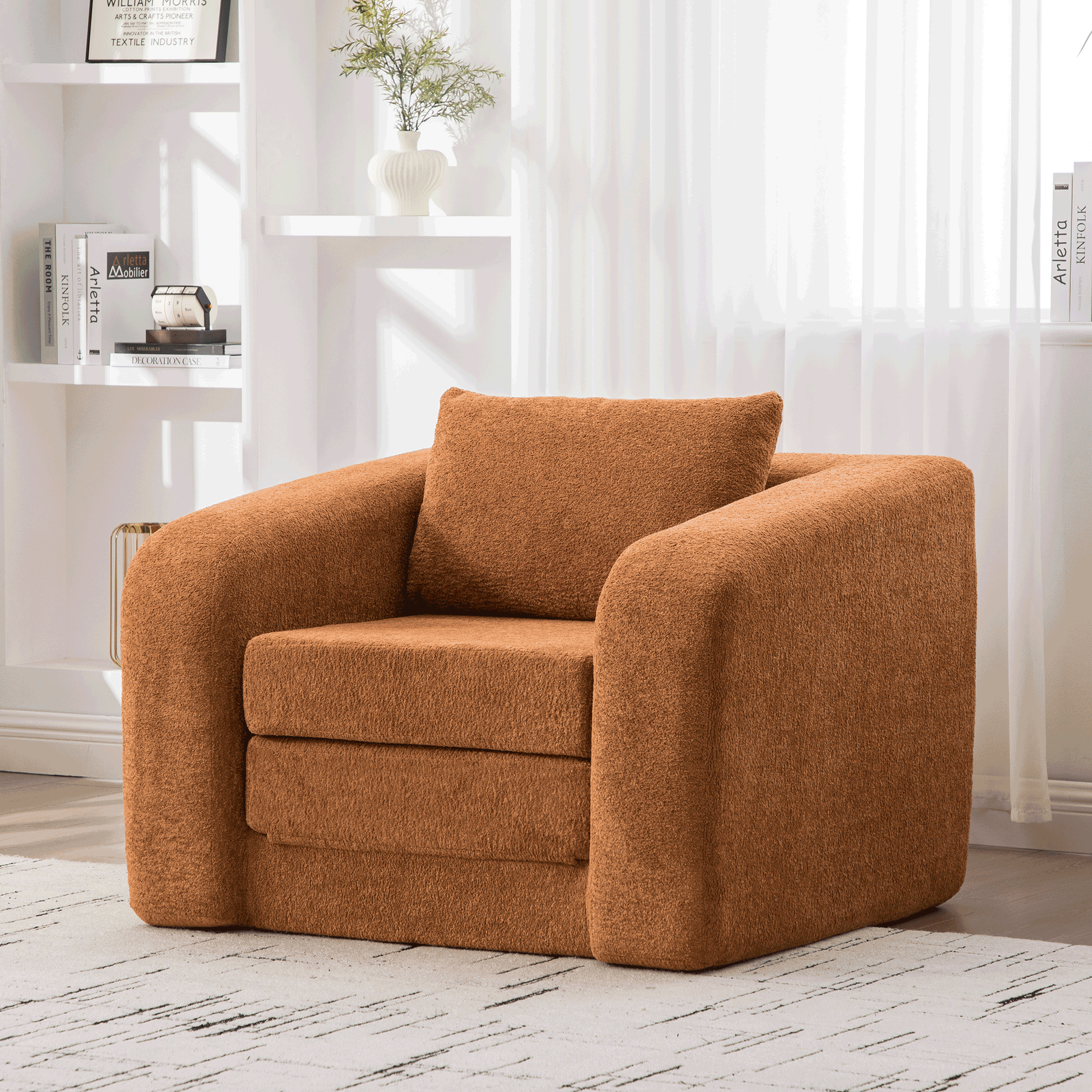 40″ Foldable Single Sofa Bed with Armrest & Backrest, Convertible Chenille Boneless Cloud Floor Mattress Sleeper Lounge Accent Chair with Pillow for Apartment Living Room Bedroom Dorm Guestroom,Orange