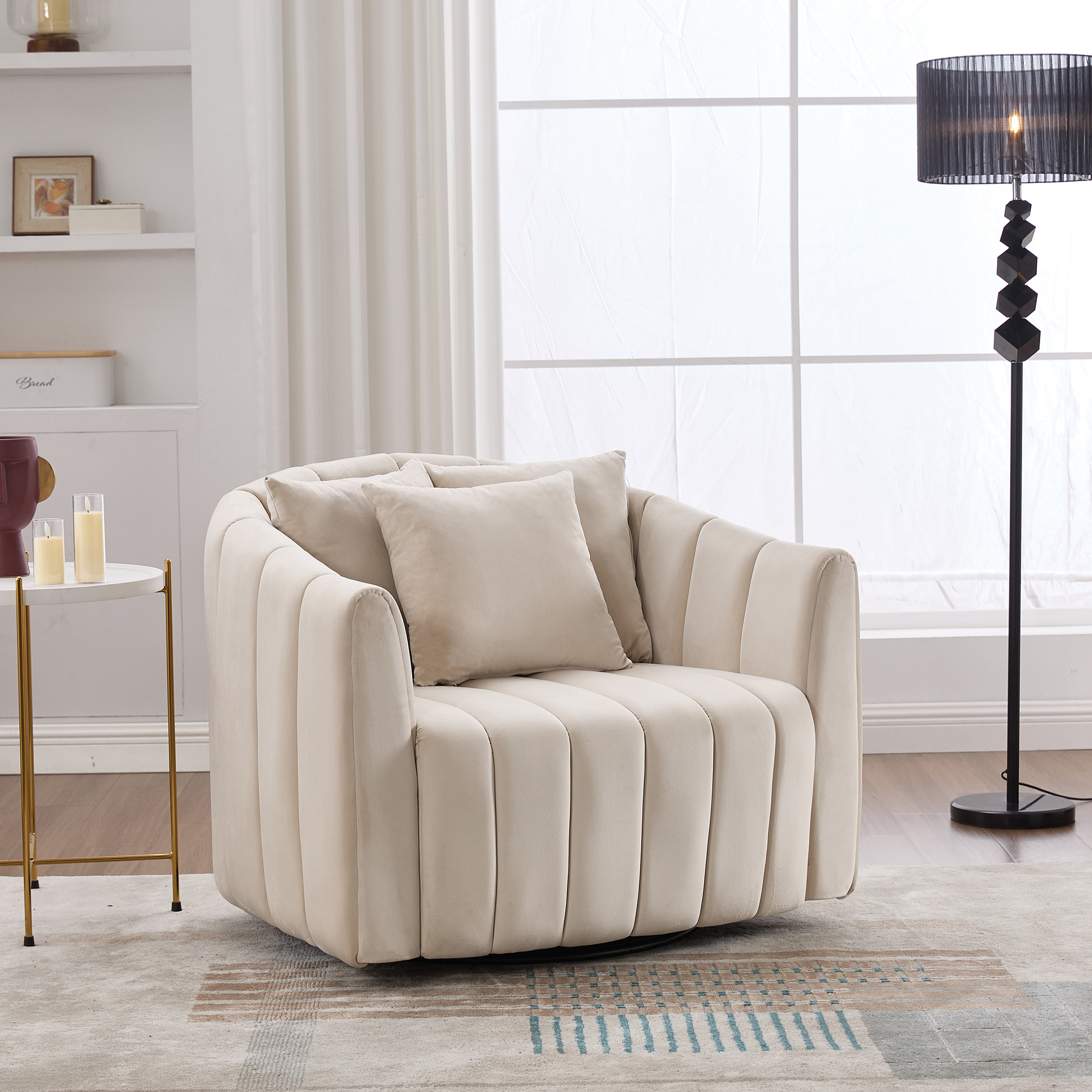 40.1″W Upholstered Oversized 360° Swivel Accent Barrel Chair and Half Cozy Sofa with 3 Pillows, Velvet Channel Tufted Pumpkin-Shape Club Armchair for Living Room, Bedroom, Office, Lounge,BEIGE