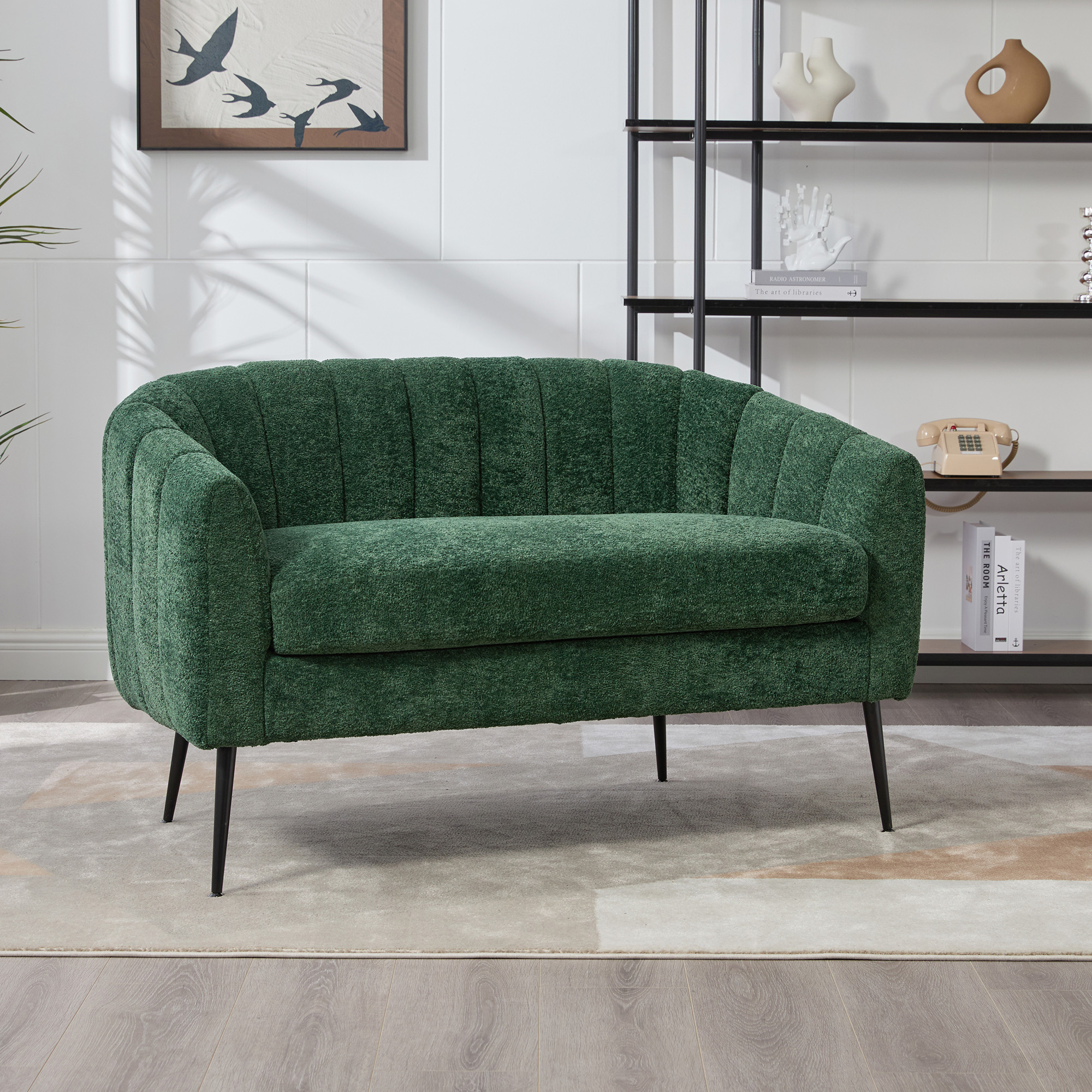 50.2” Wide Upholstered Chenille Mini Loveseat Accent Couch, Modern Glam Small Settee with Metal Legs, Channel Tufted 2-Seater Sofa for Living Rooms Bedrooms Dorm Studio Office Small Spaces, Green