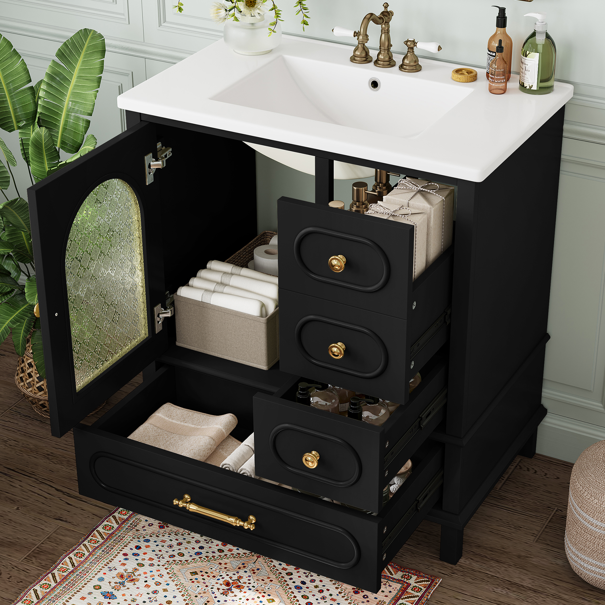 30″ Bathroom Vanity with Sink, Free Standing Single Vanity Set with 3 Storage Drawers and Semi-transparent Cabinet Door, Wood Cabinet with Ceramic Basin for Bathroom,Black