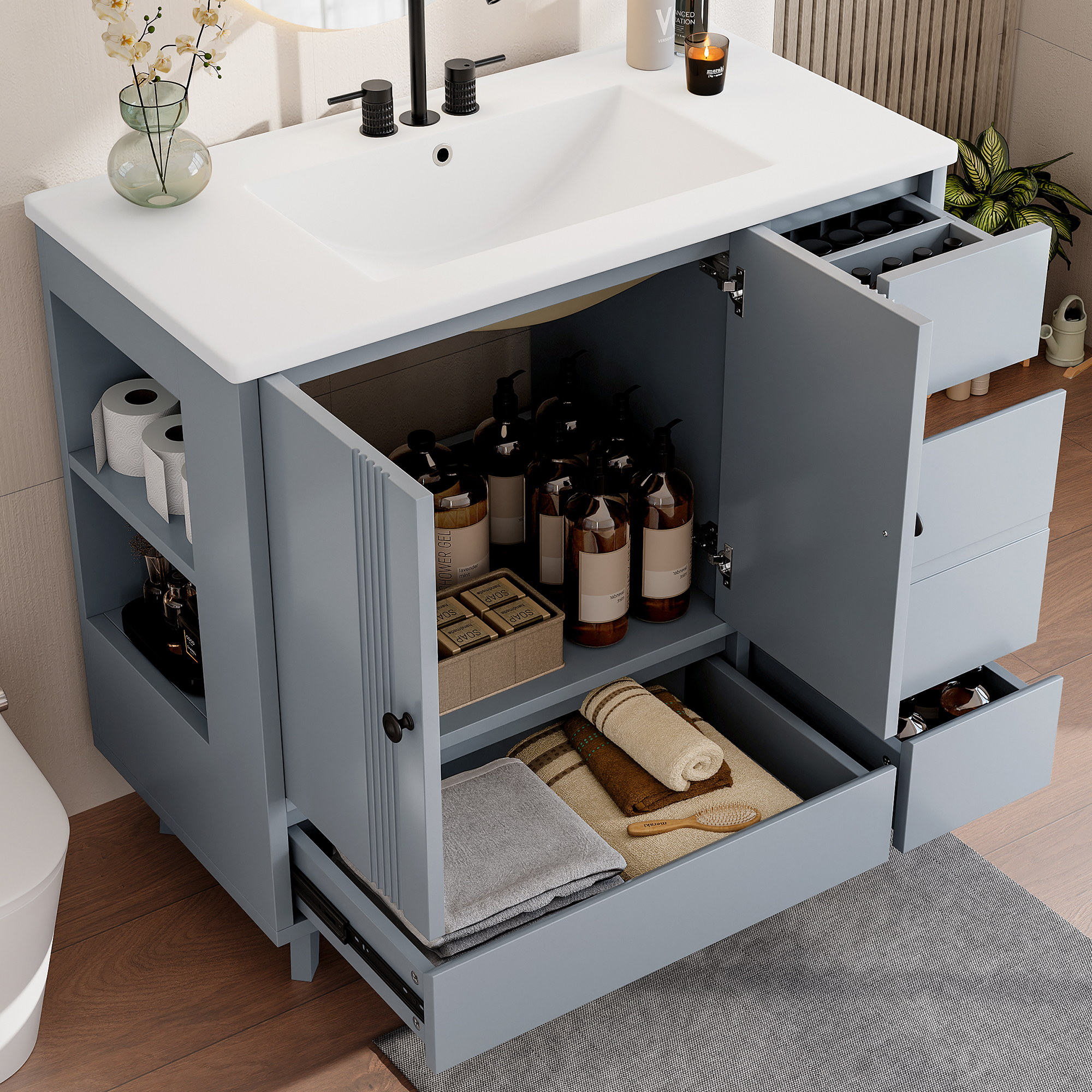 36″ Bathroom Vanity with Sink, Free Standing Single Vanity Set with 4 Drawers and Side Storage Rack, Wood Cabinet with Ceramic Basin for Bathroom, Gray