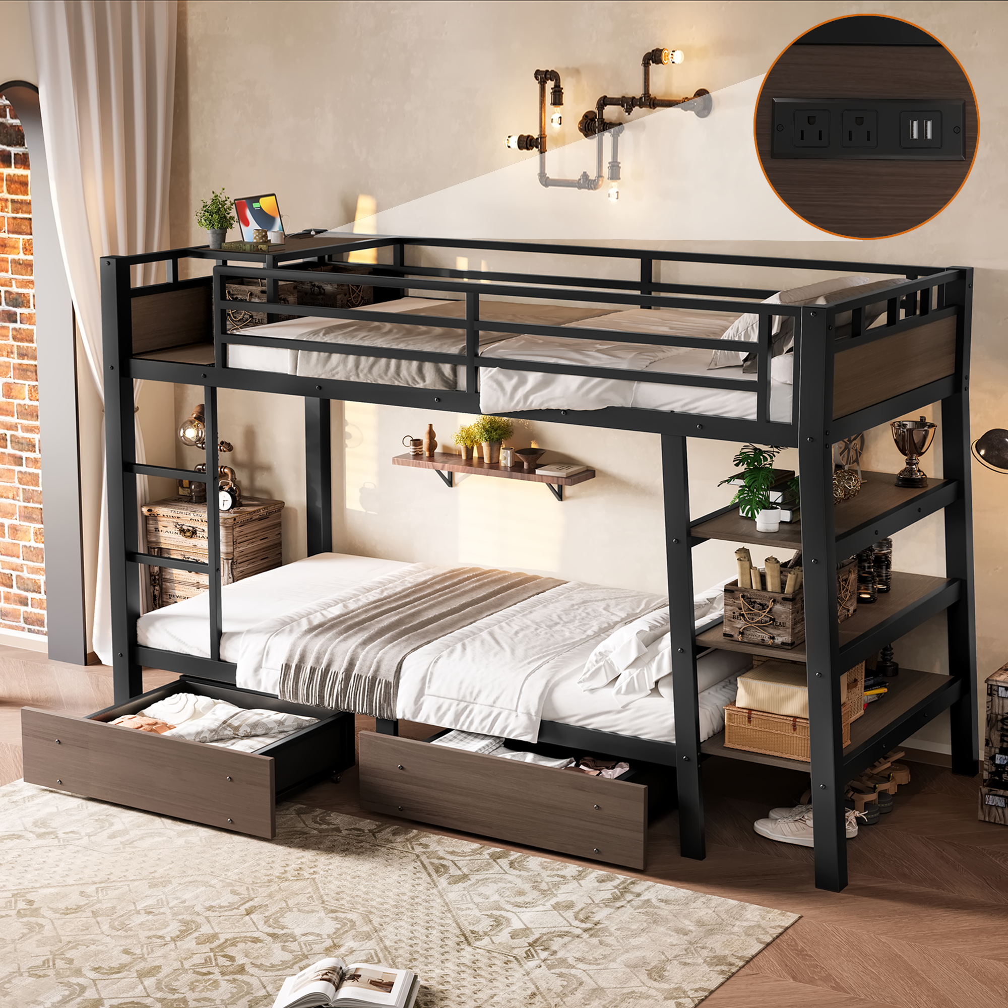 Twin Size Metal Bunk Bed with Storage Shelves , LED light strip, and USB power strip, black