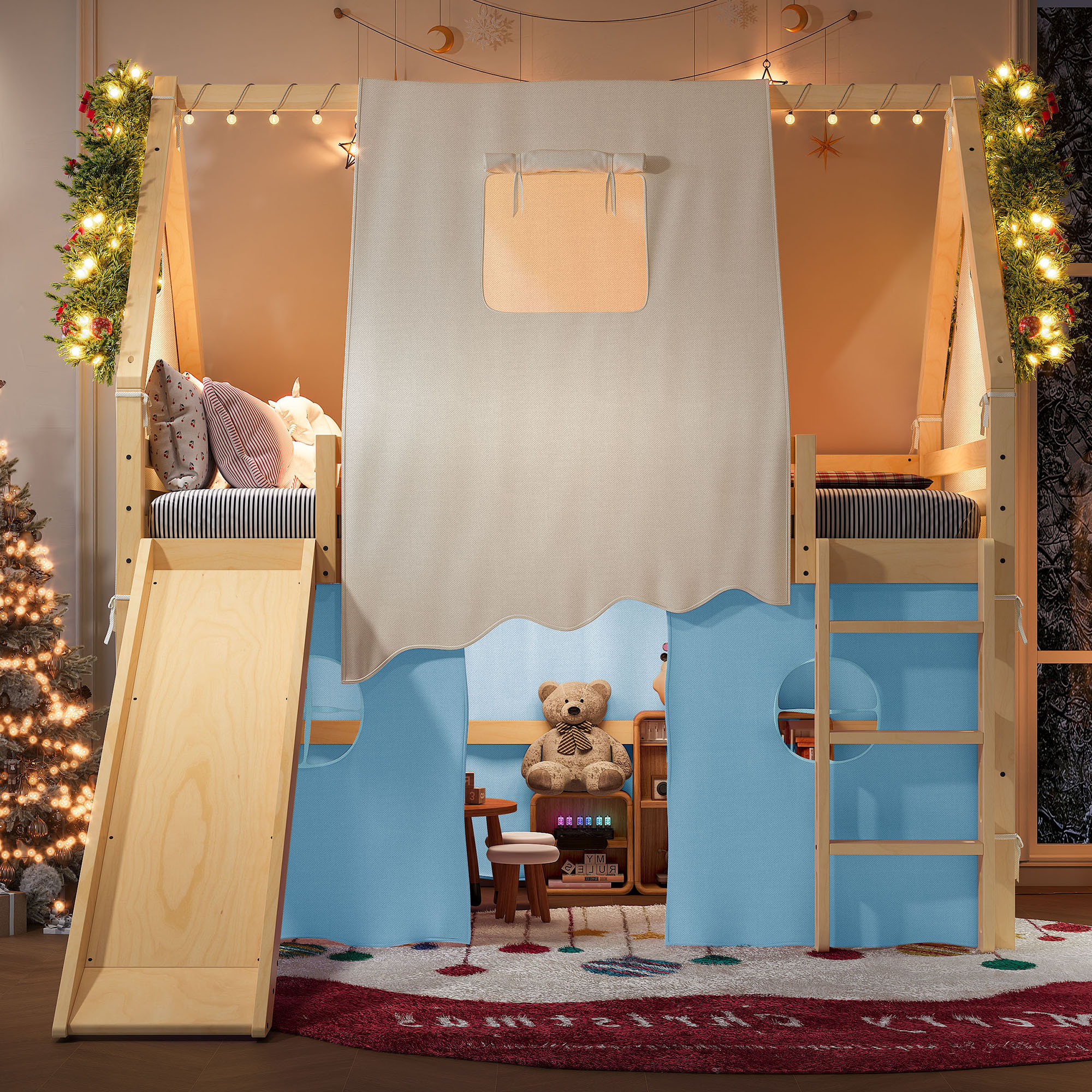 Full Size House Loft Bed with Sills and Tents, Solid Wood Loft Bed with Ladders and Slide, Chic Design with Lights, No Box Spring Needed, Natural+Blue