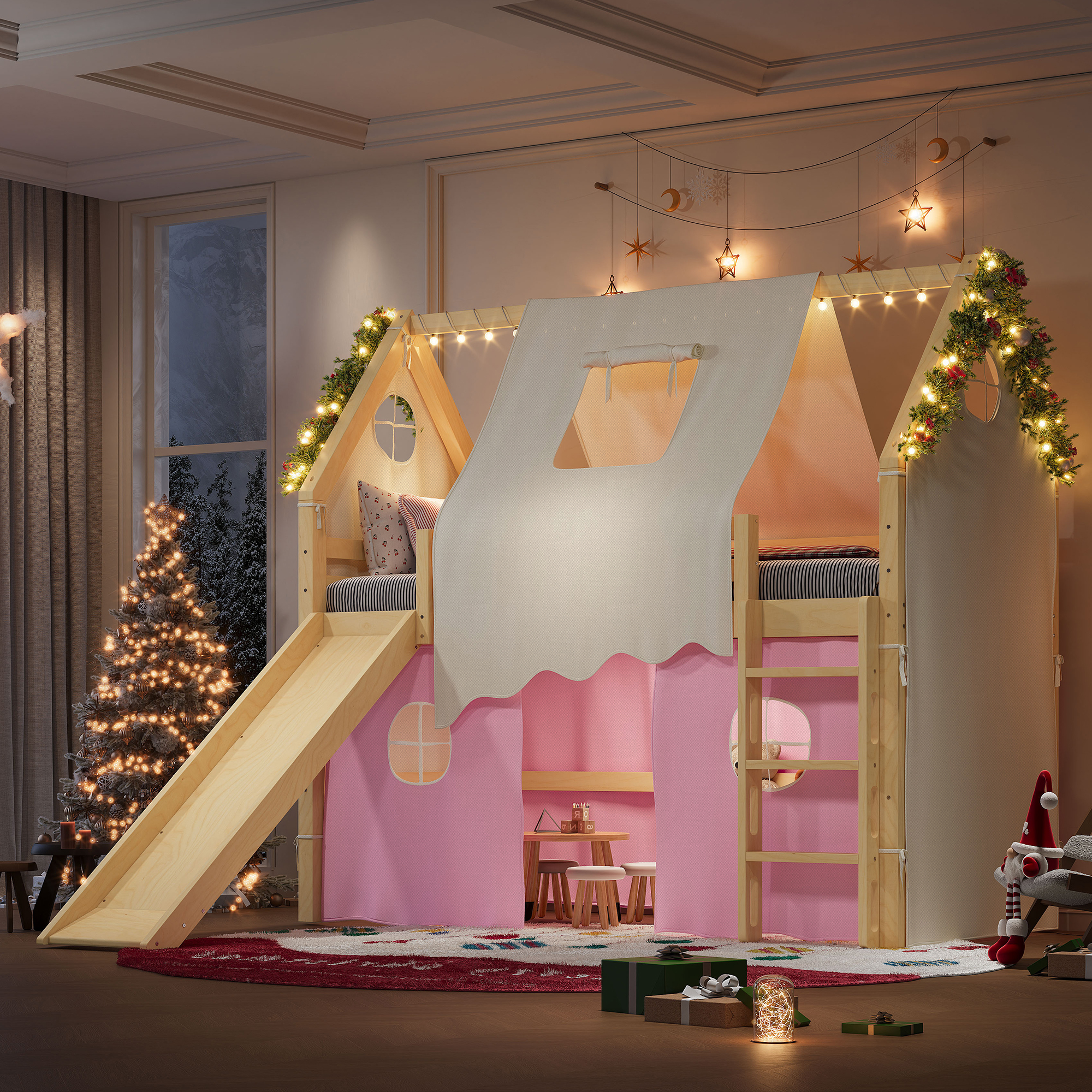 Twin Size House Loft Bed with Sills and Tents, Solid Wood Loft Bed with Ladders and Slide, Chic Design with Lights, No Box Spring Needed, Natural+Pink