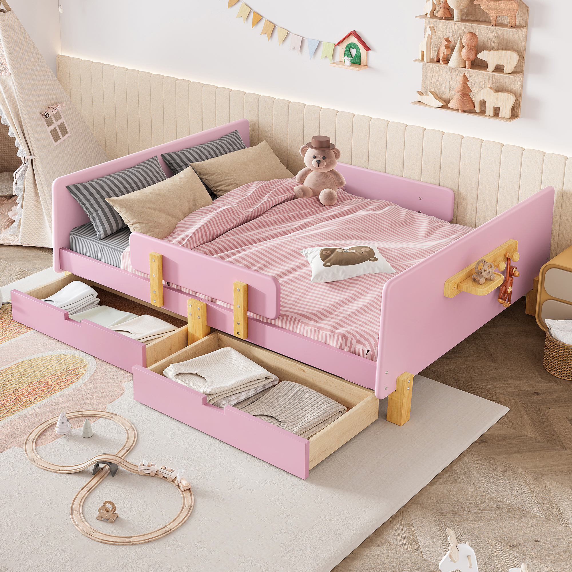 Full Size Platform Bed with Storage Drawers, Solid Wood Beds Frame with Bed Guardrail, Small Shelf, and Hooks, No Box Spring Needed, Pink