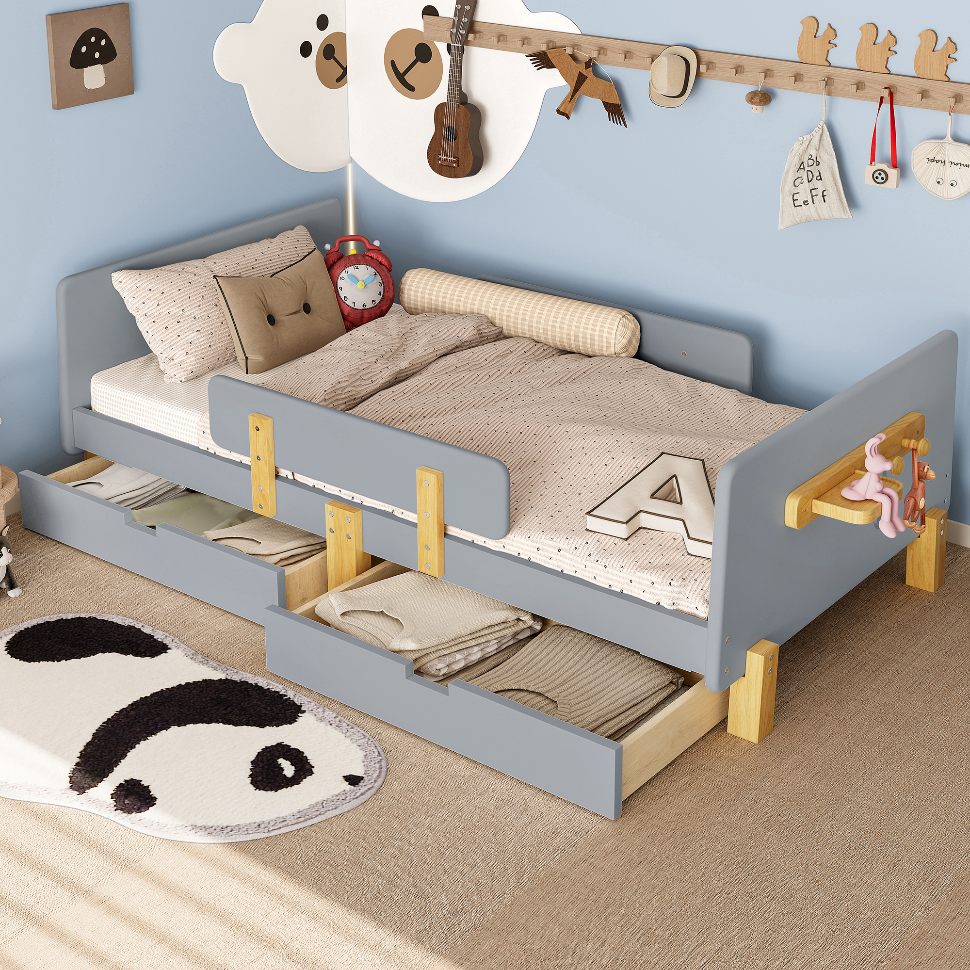 Twin Size Platform Bed with Storage Drawers, Solid Wood Beds Frame with Bed Guardrail, Small Shelf, and Hooks, No Box Spring Needed, Gray