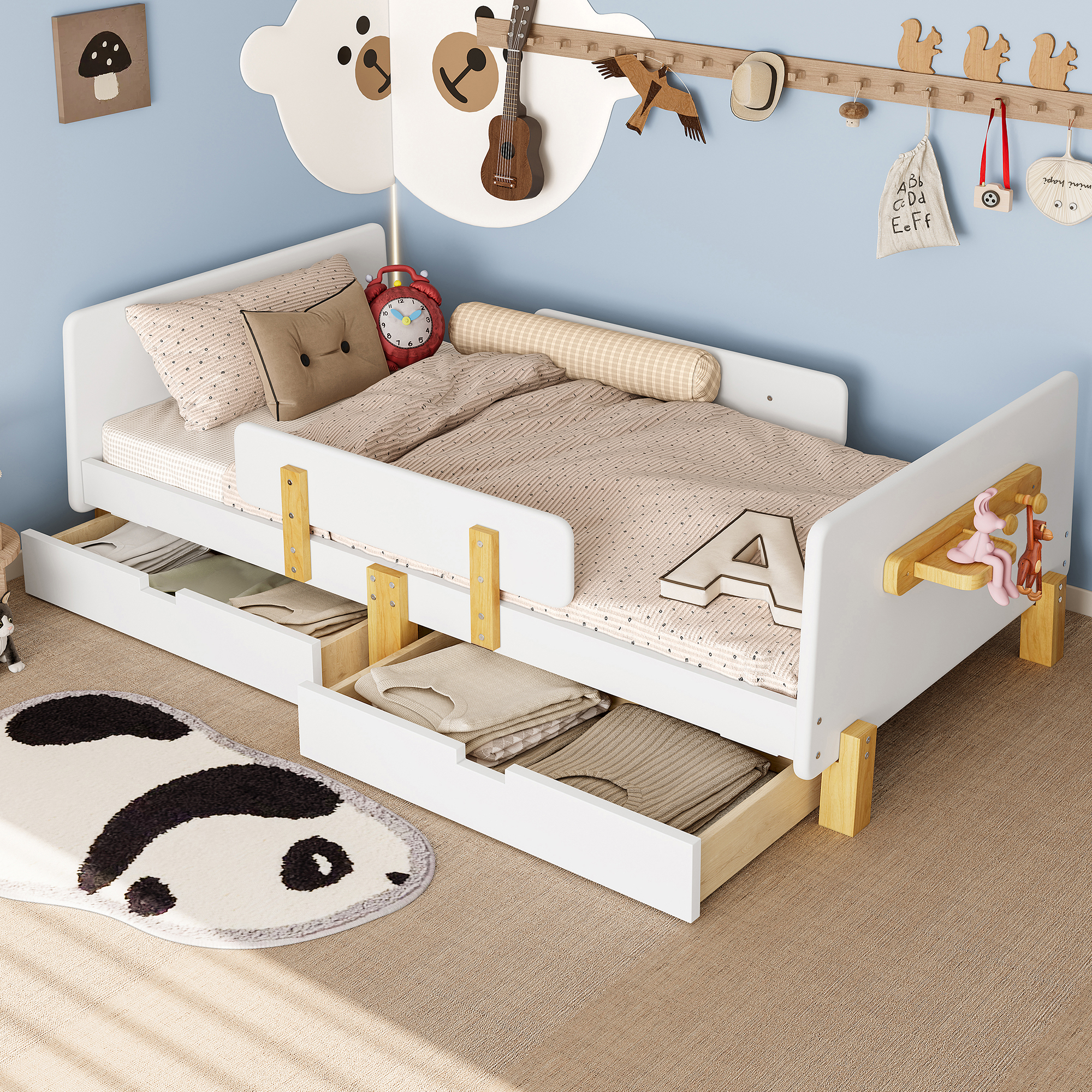 Twin Size Platform Bed with Storage Drawers, Solid Wood Beds Frame with Bed Guardrail, Small Shelf, and Hooks, No Box Spring Needed, White