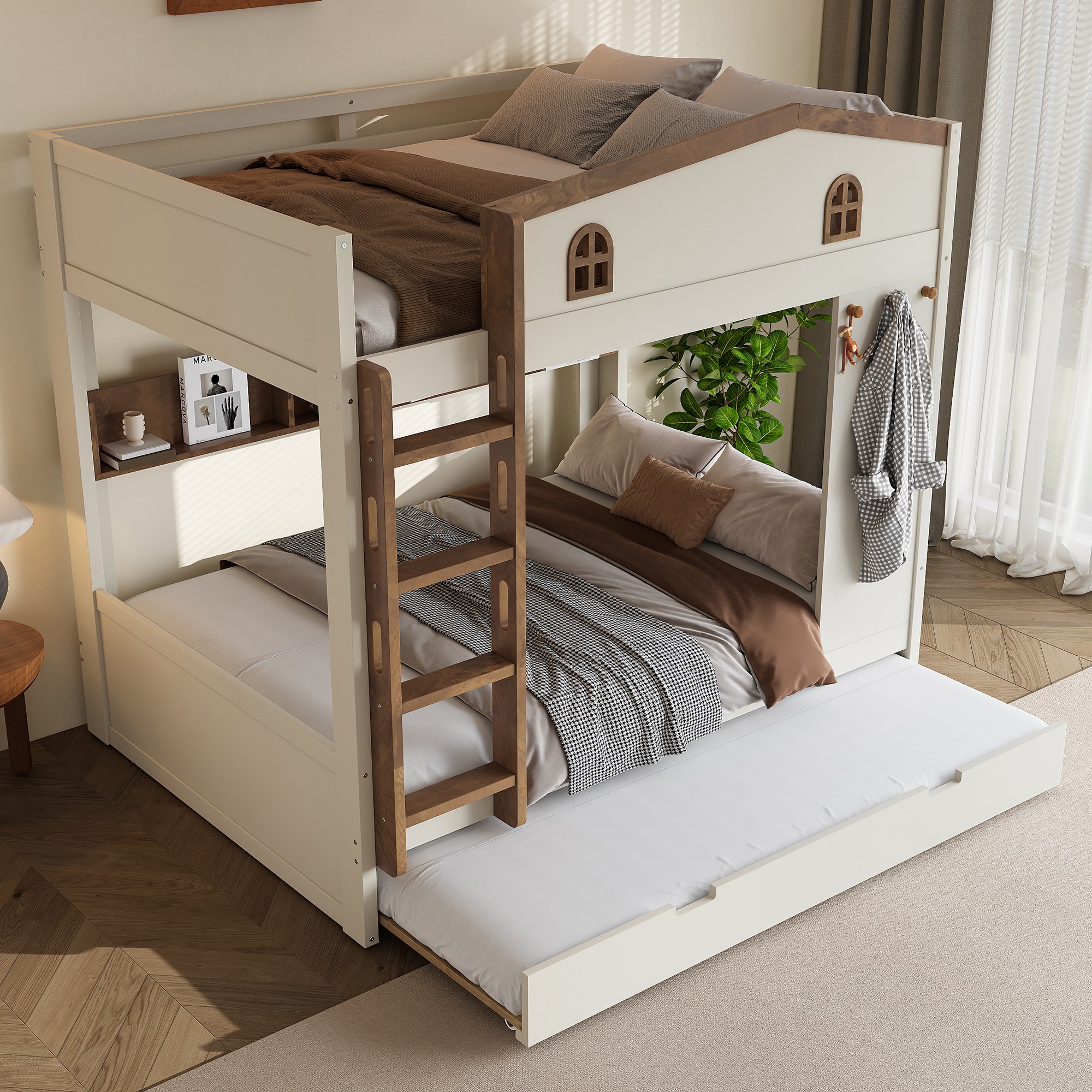 Full over Full Bunk Bed with Trundle and Storage Shelves, Solid Wood Bunk Beds with hooks, No Box Spring Needed, Beige&Natural