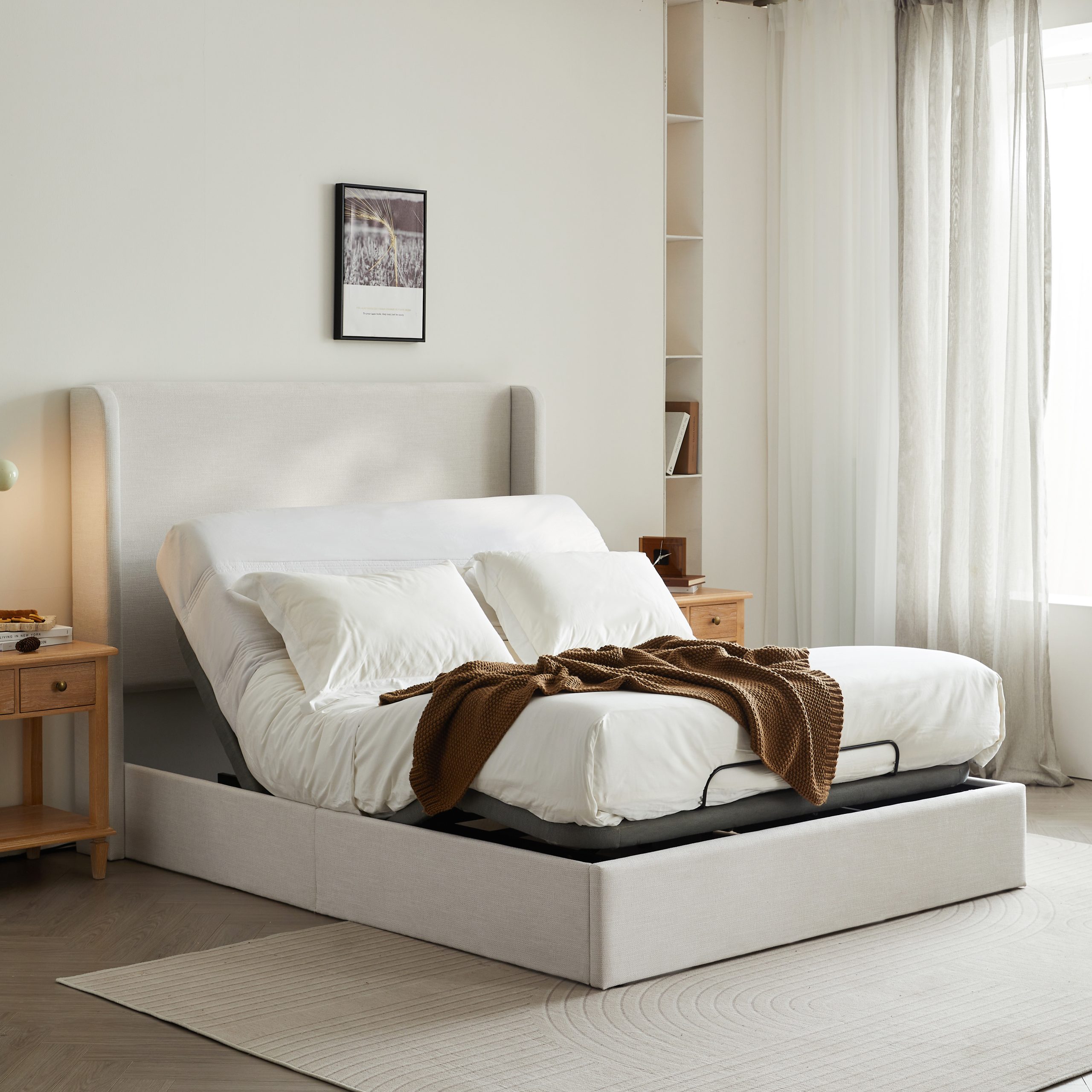Caron Upholstered Wingback Bed with Adjustable Base Bundle Set, Queen Size / Textured Ivory Canvas Chenille, Head & Foot Incline, Zero Gravity, Massage, App & Remote Control, Easy Assembly, No-Noise