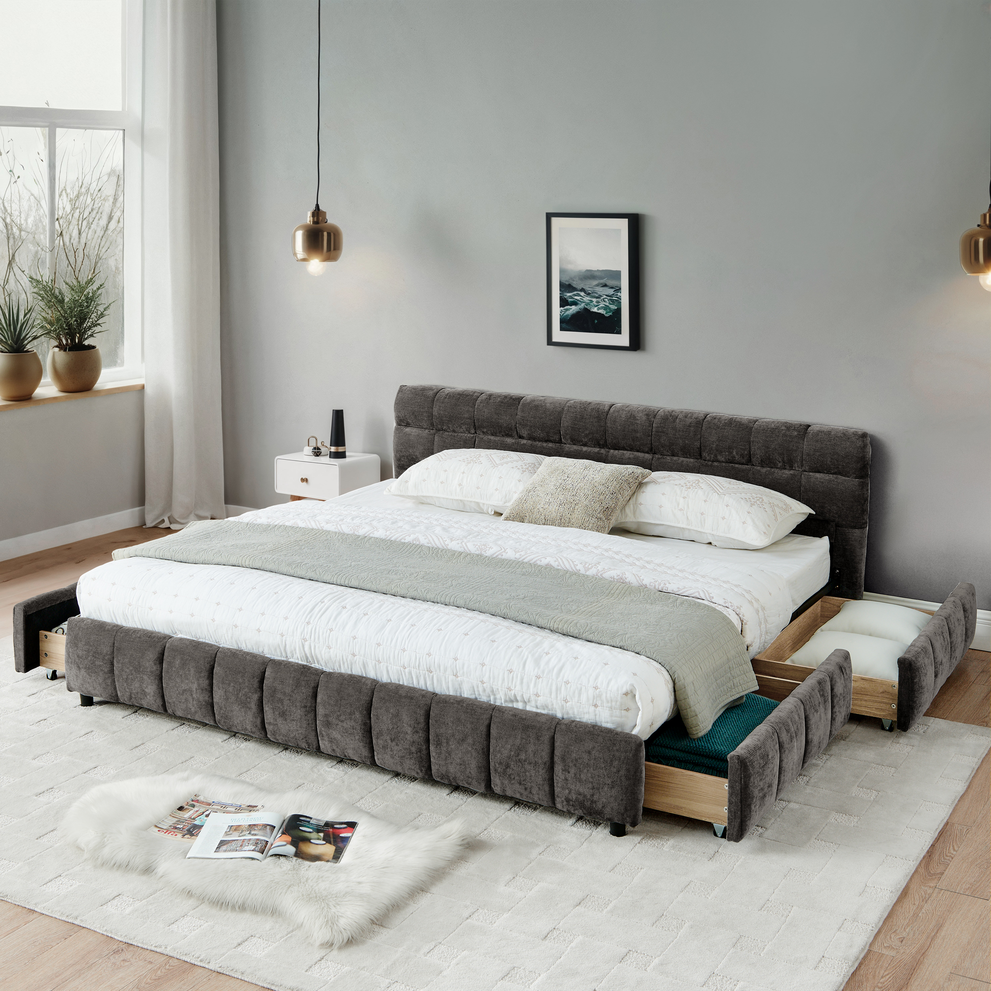 California King size Upholstered Bed ,comfortable upholstered bed frame, Chenille fabric, with headboard and solid bed frame. With drawer for storage.-Dark Gray(90.5”*80.5”*31”)
