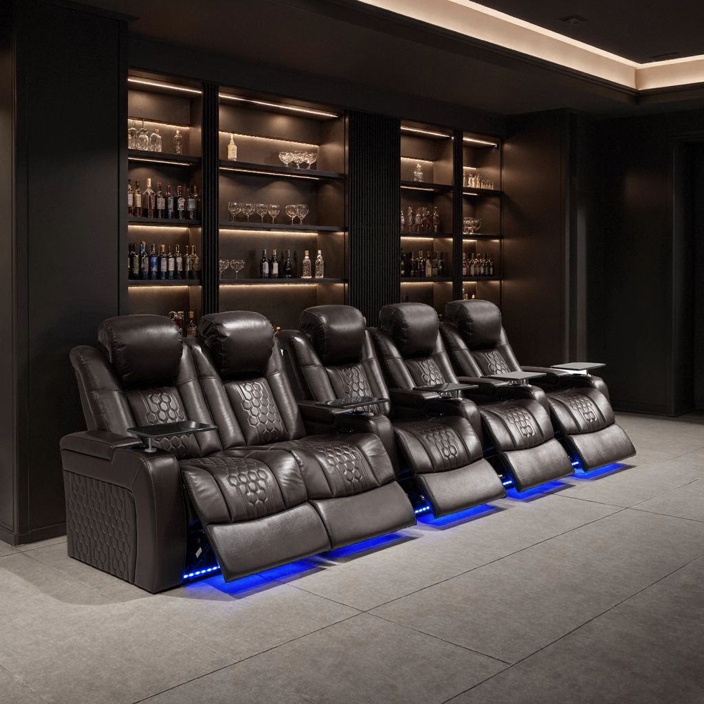155.5″Power Recliner 5 PC Made WithTop-Grain Nappa,Fully Adjustable Relaxation,Smart Charging,Dynamic RGB LED Lighting,COFFEE