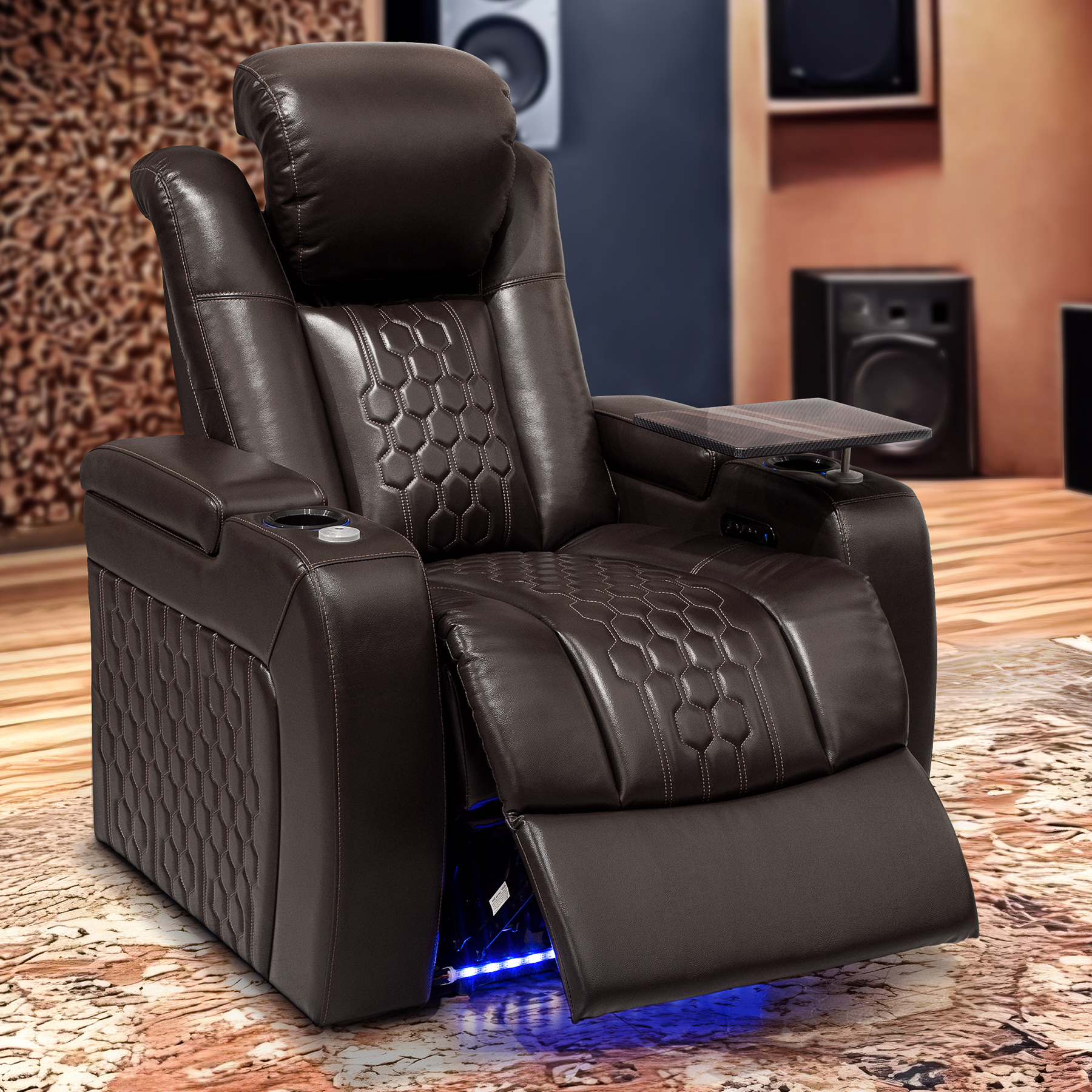 37.8″Power Recliner 1 PC Made WithTop-Grain Nappa,Fully Adjustable Relaxation,Smart Charging,Dynamic RGB LED Lighting,COFFEE