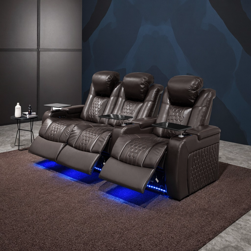 93.3″Power Recliner 3 PC Made WithTop-Grain Nappa,Fully Adjustable Relaxation,Smart Charging,Dynamic RGB LED Lighting,COFFEE