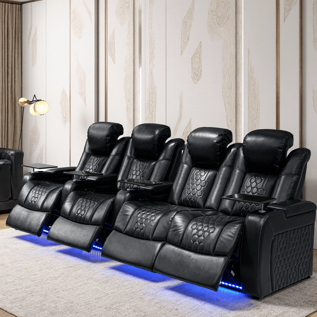 124.4″Power Recliner 4 PC Made WithTop-Grain Nappa,Fully Adjustable Relaxation,Smart Charging,Dynamic RGB LED Lighting,BLACK