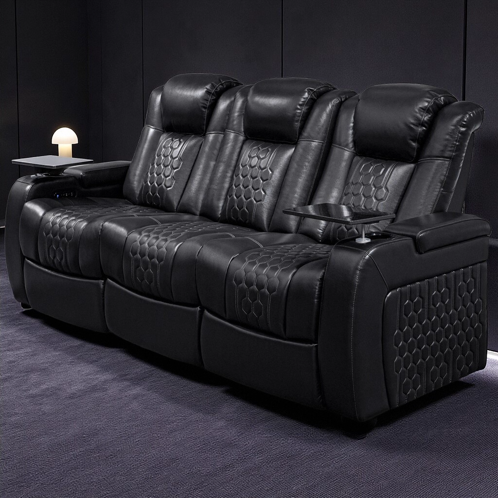 86.6″Power Recliner 3 PC Made WithTop-Grain Nappa,Fully Adjustable Relaxation,Smart Charging,Dynamic RGB LED Lighting,BLACK