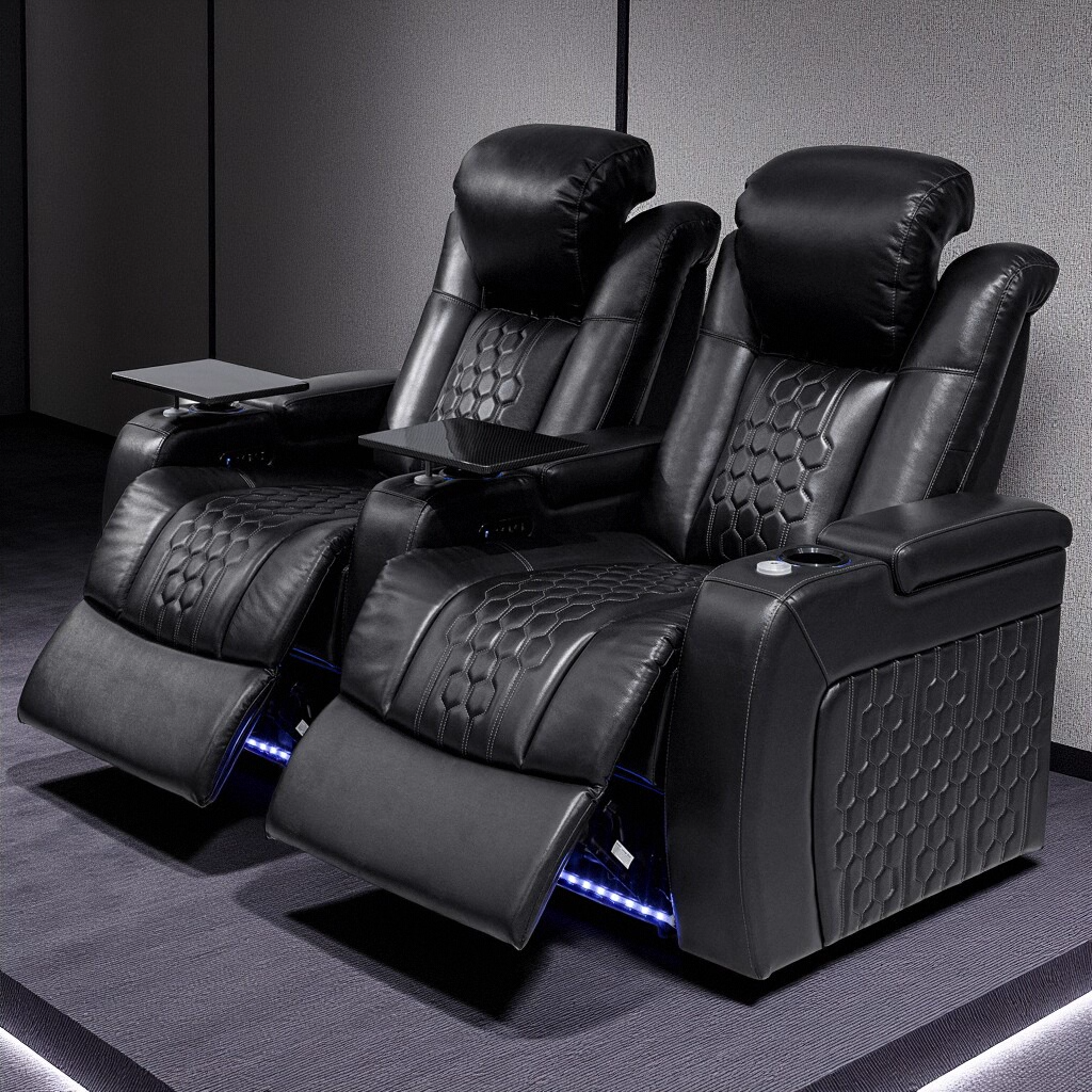 68.9″Power Recliner 2 PC Made WithTop-Grain Nappa,Fully Adjustable Relaxation,Smart Charging,Dynamic RGB LED Lighting,BLACK