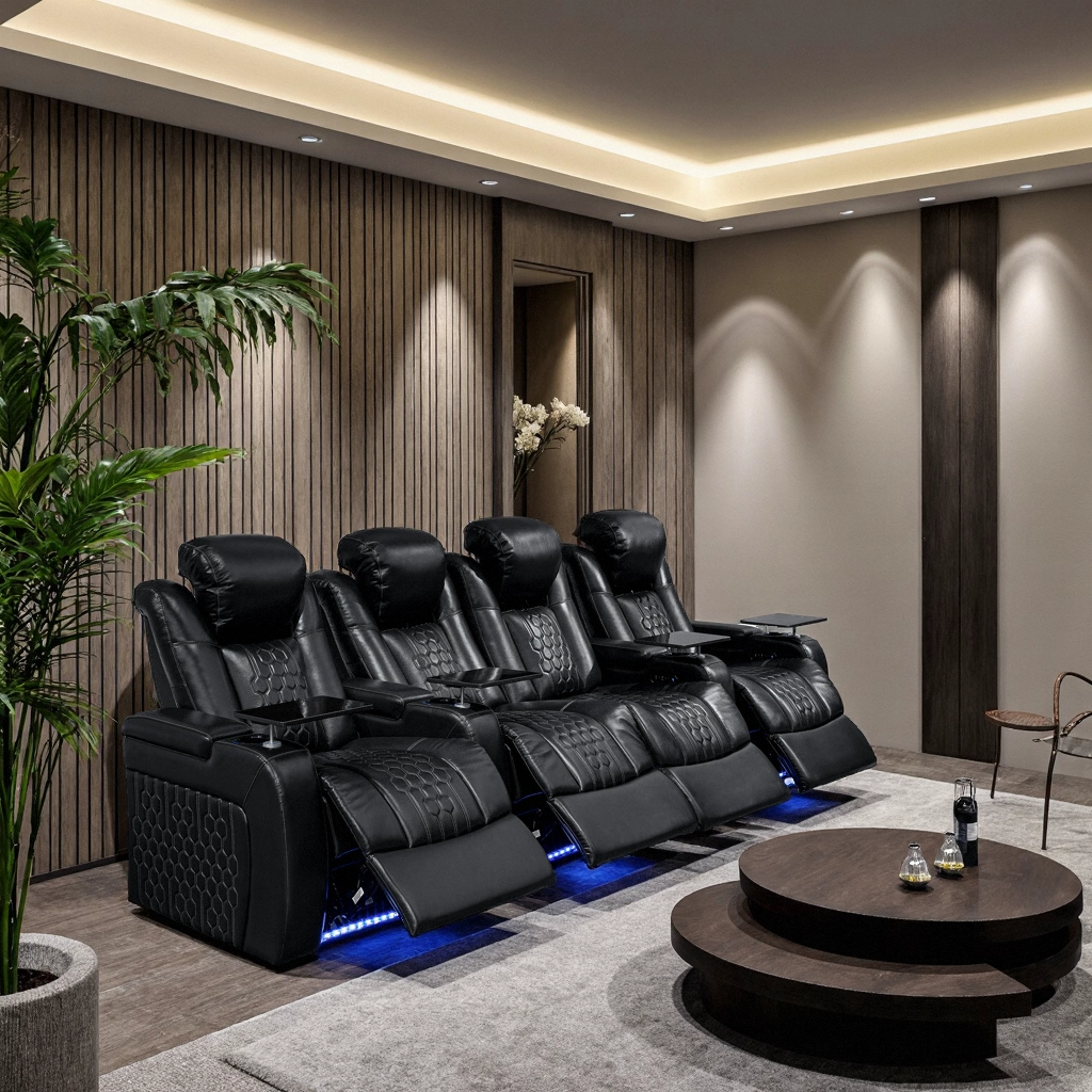 124.4″Power Recliner 4 PC Made WithTop-Grain Nappa,Fully Adjustable Relaxation,Smart Charging,Dynamic RGB LED Lighting,BLACK