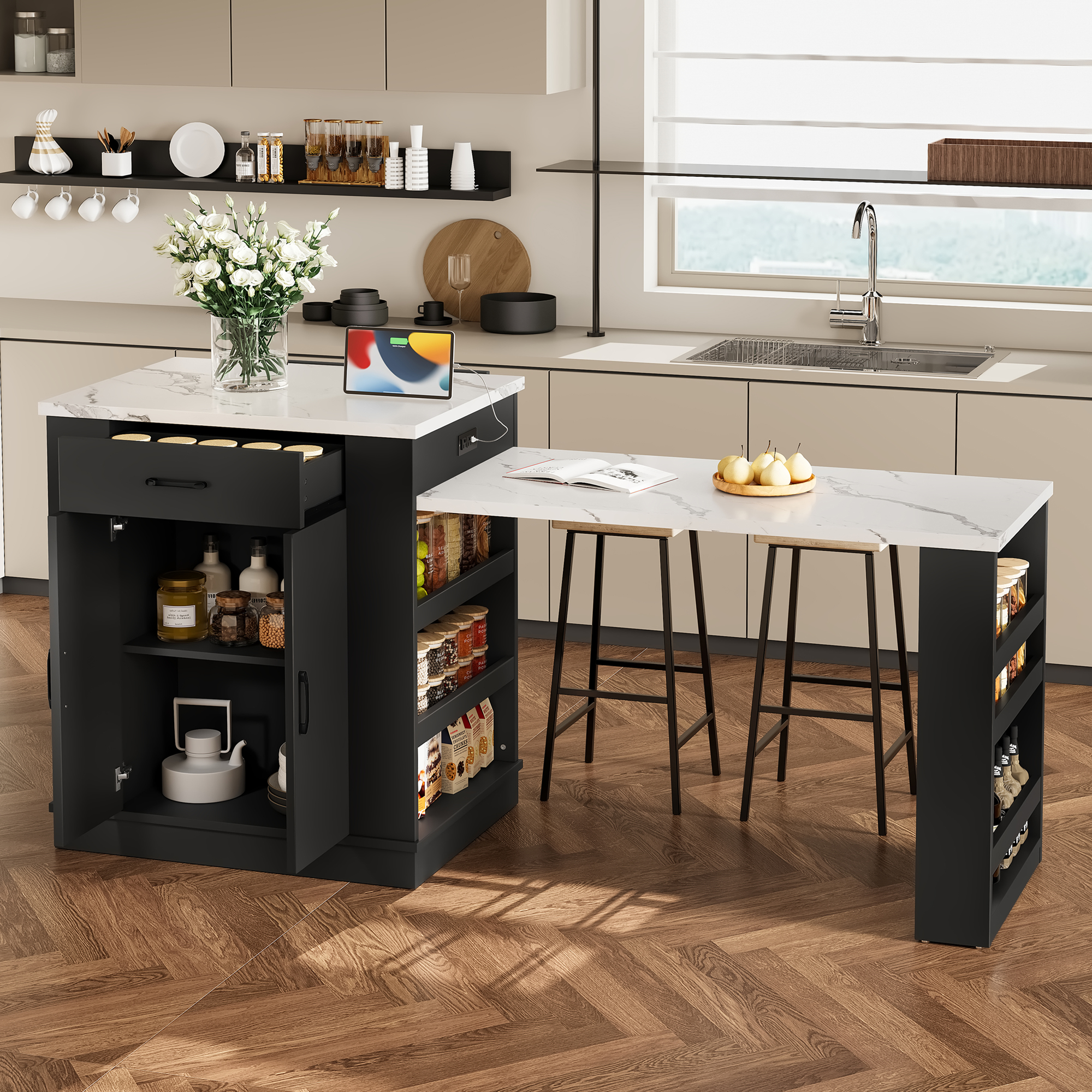 Extendable island console with drawers, double-door cabinet, and open shelving. Serves as dining table, temporary breakfast bar, and afternoon tea lounge,Black