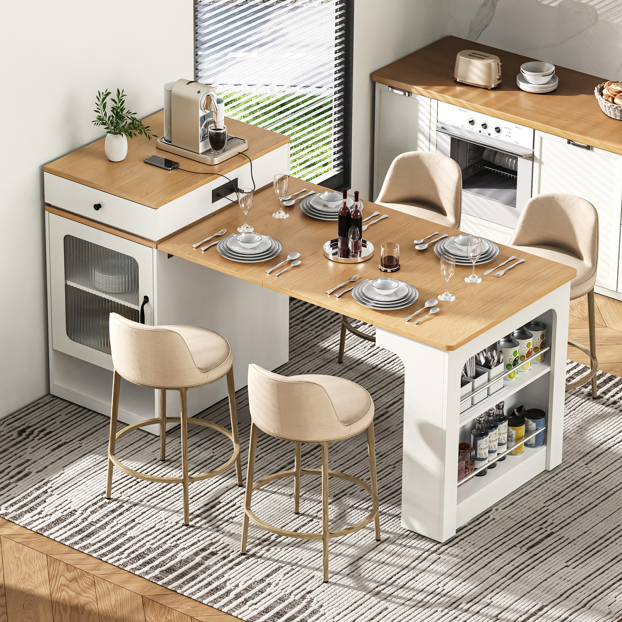 K&K 59.5″ Kitchen Island with Extendable Dining Table, Kitchen Storage Table with Double-sided Storage, Kitchen Island with 2 Drawers, Power Outlet, Side Open Shelves, for Kitchen, Dining Room, White