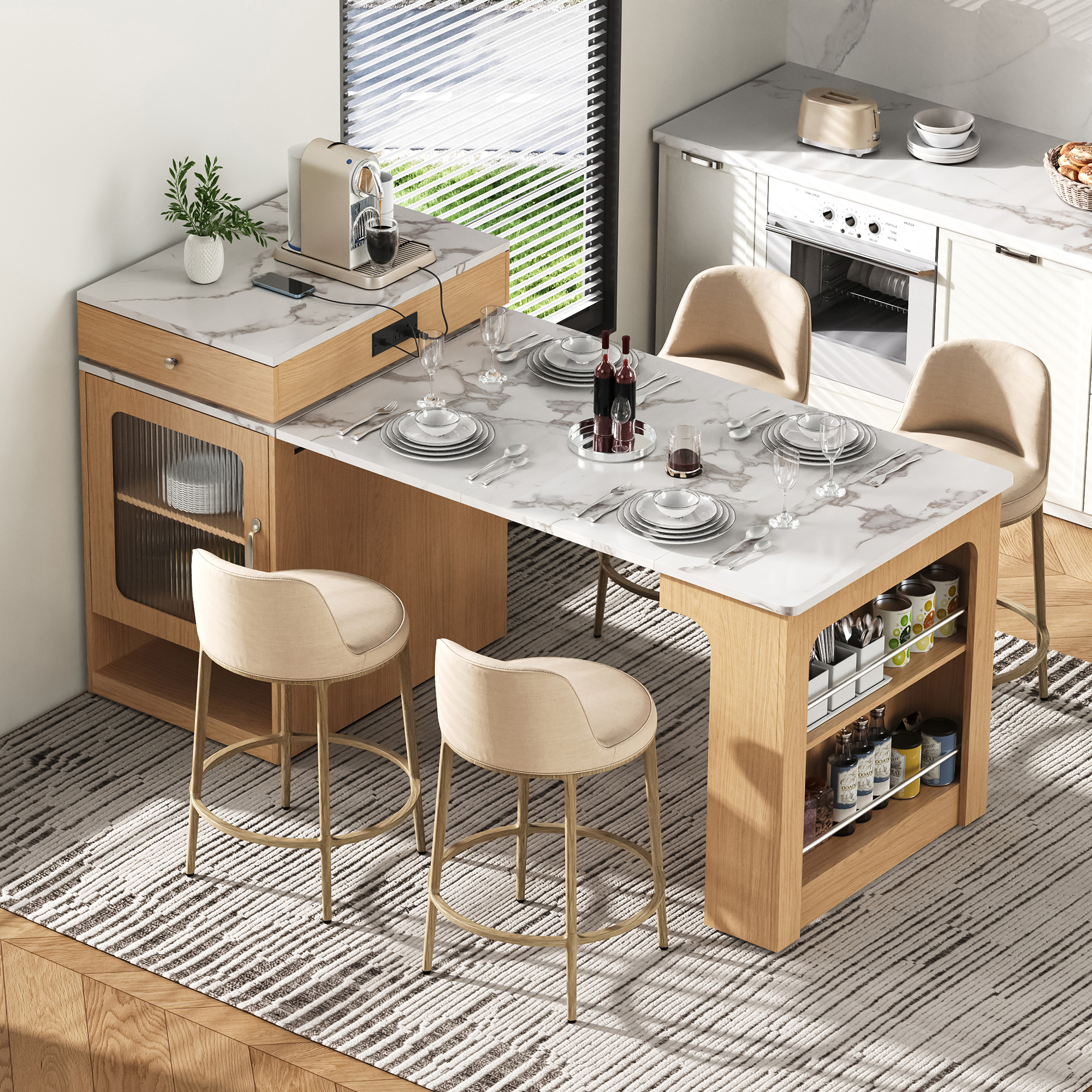 K&K 59.5″Kitchen Island with Extendable Dining Table, Kitchen Storage Table with Double-sided Storage, Kitchen Island with 2 Drawers, Power Outlet, Side Open Shelves, for Kitchen, Dining Room, Natural