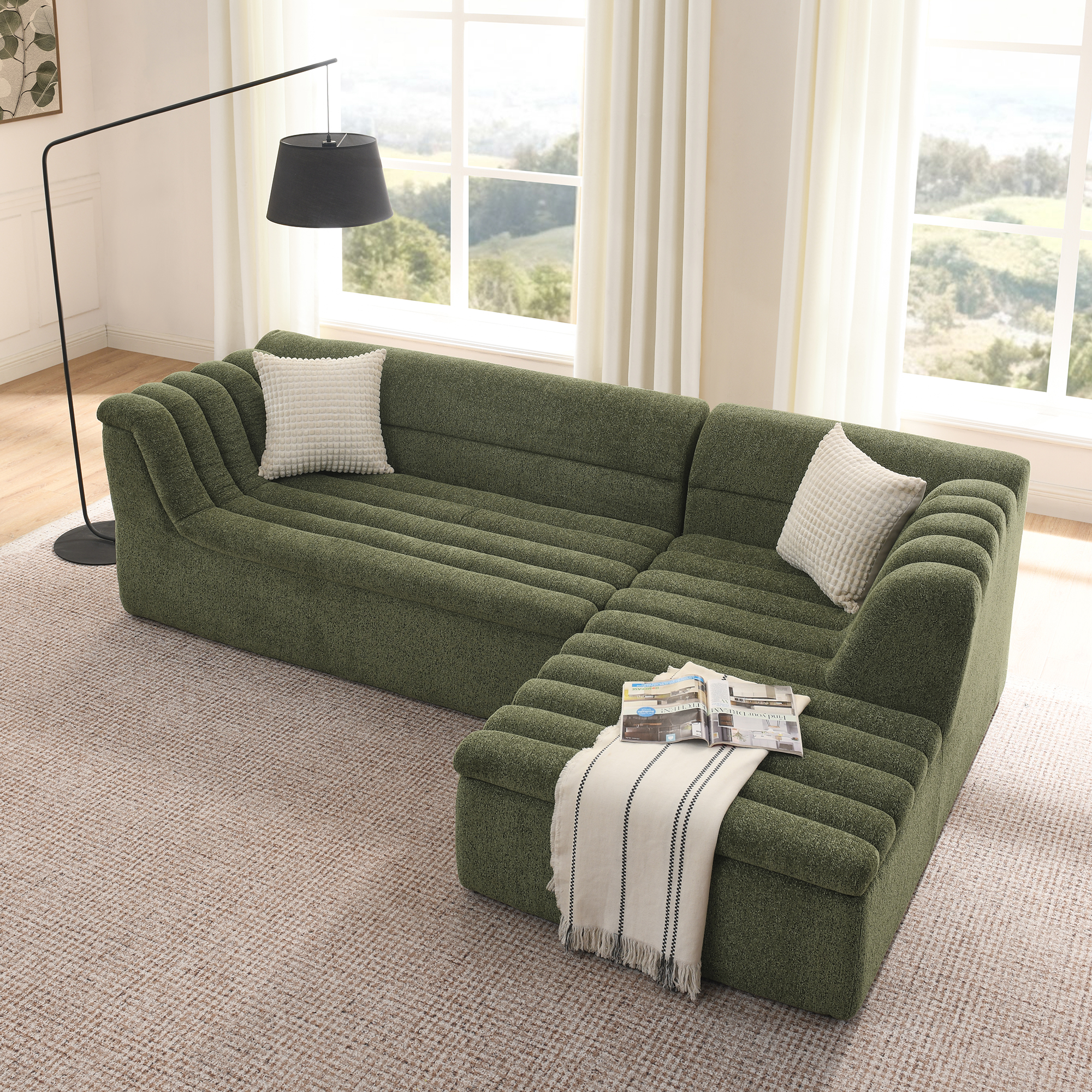 106″ L-Shaped Modular Sectional Sofa with Chaise for Living Room, Chenille Upholstered Boneless Couches with Wave-Shaped Armrest, No Pillows Included