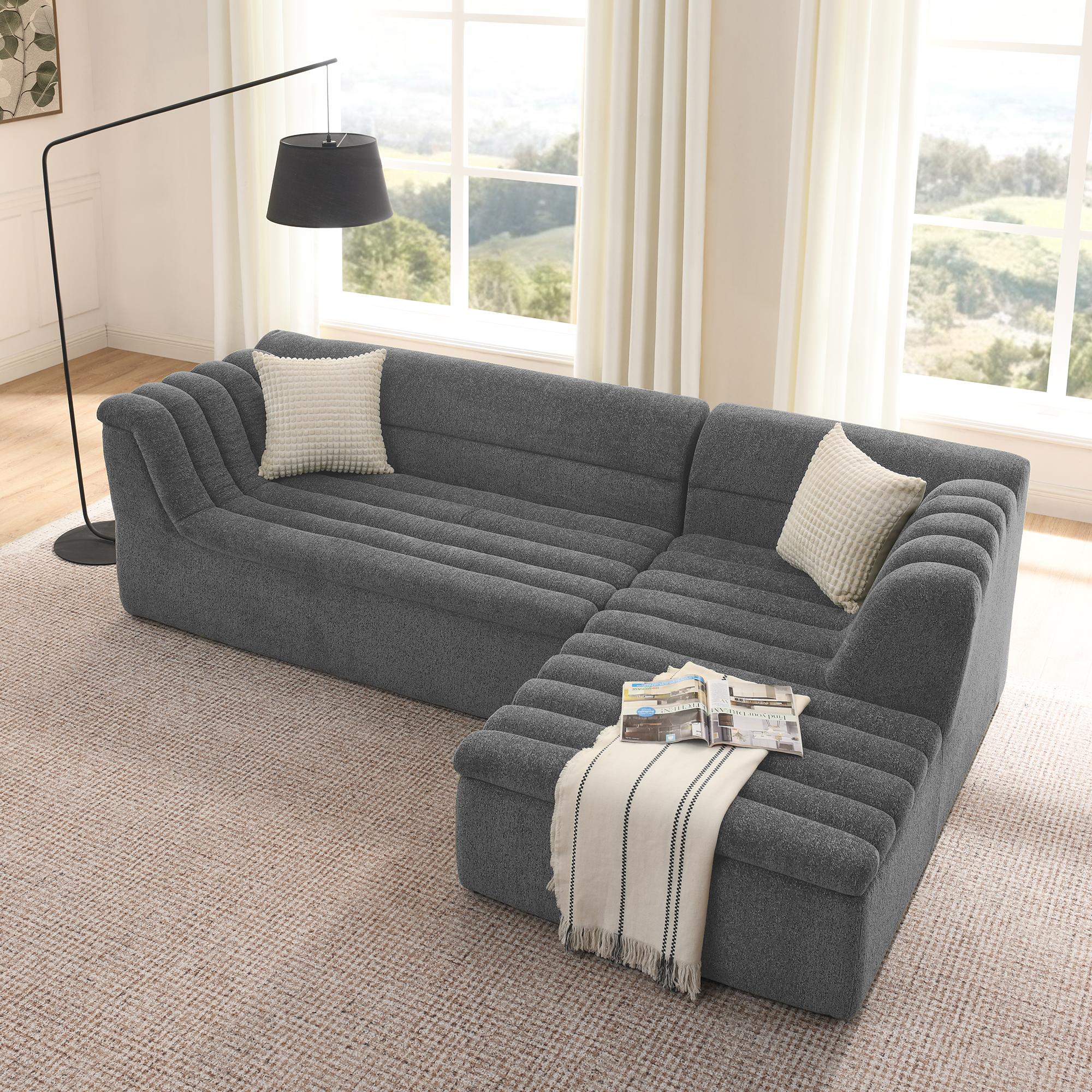 106″ L-Shaped Modular Sectional Sofa with Chaise for Living Room, Chenille Upholstered Boneless Couches with Wave-Shaped Armrest, No Pillows Included